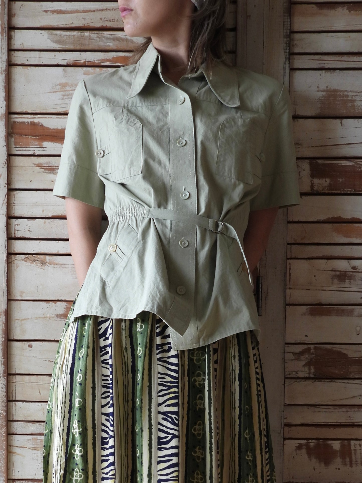 Short sleeves shirt jacket/LIGHT KHAKI