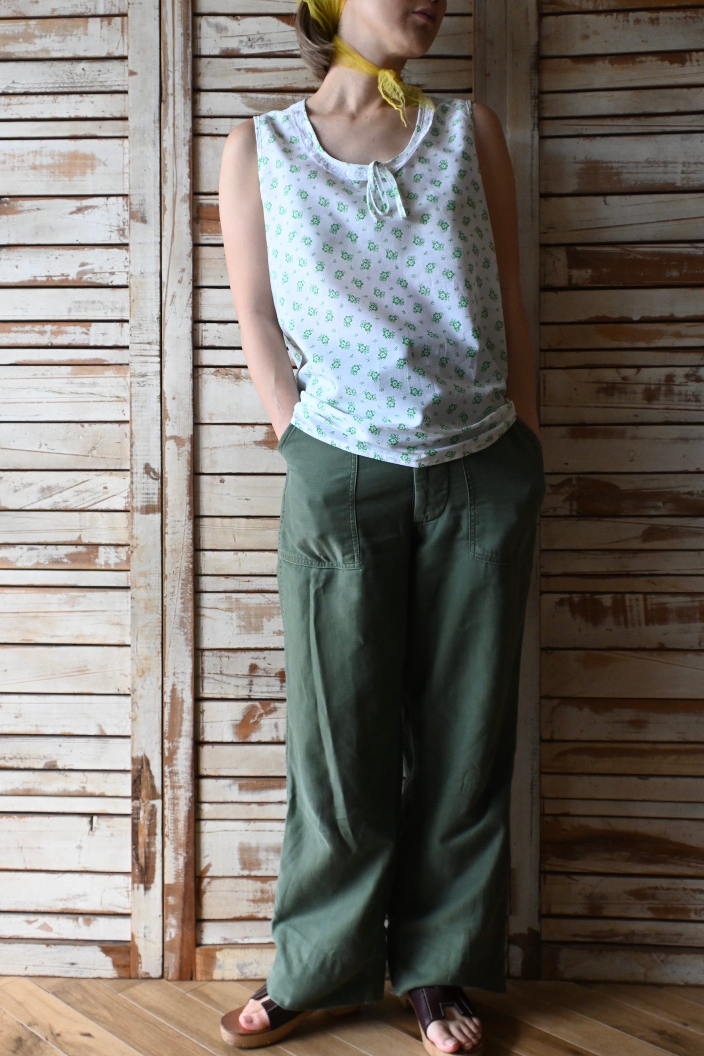 70's DEADSTOCK Floral print night wear set/WHITE×GREEN