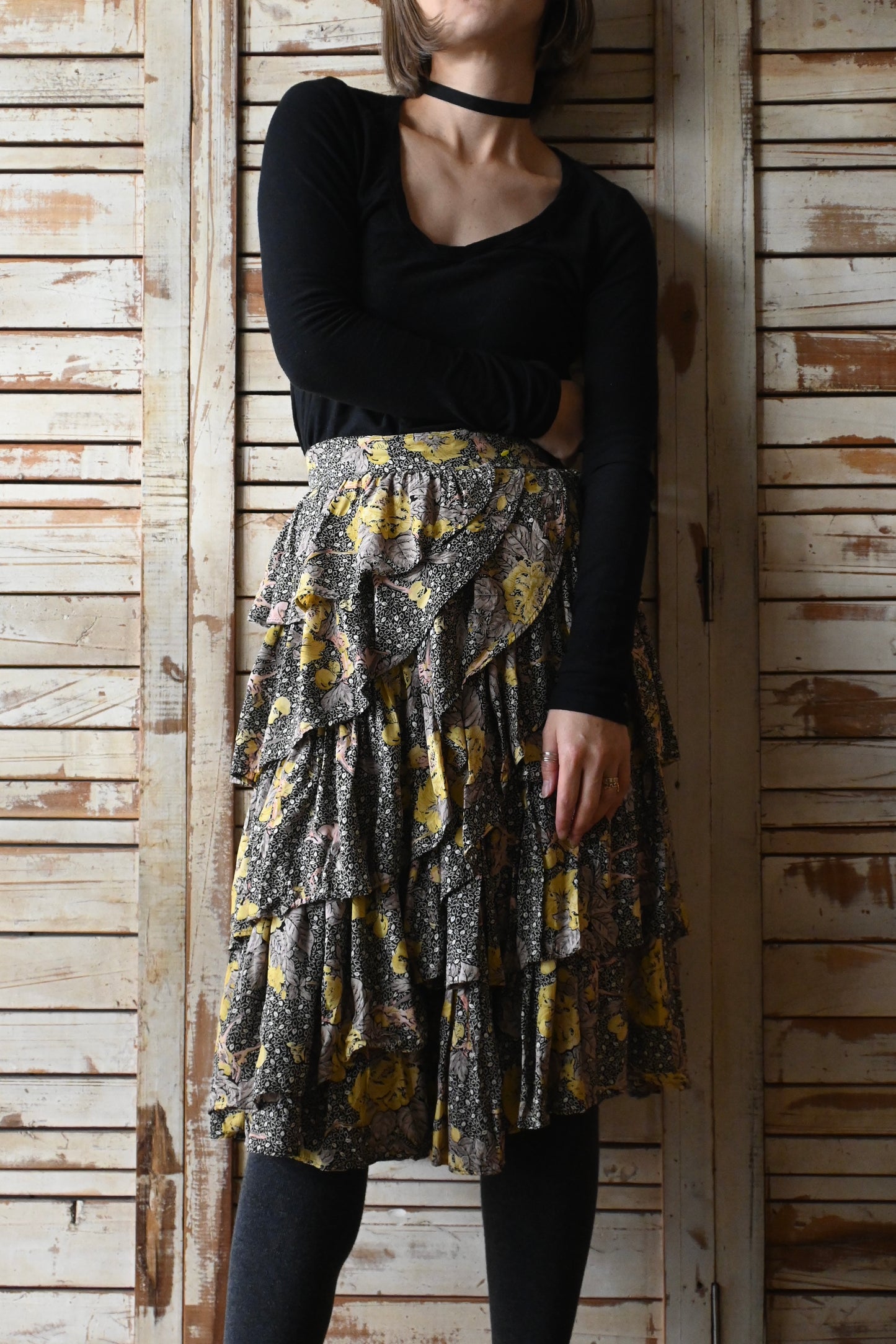 80's Flower tiered skirt/BLACK