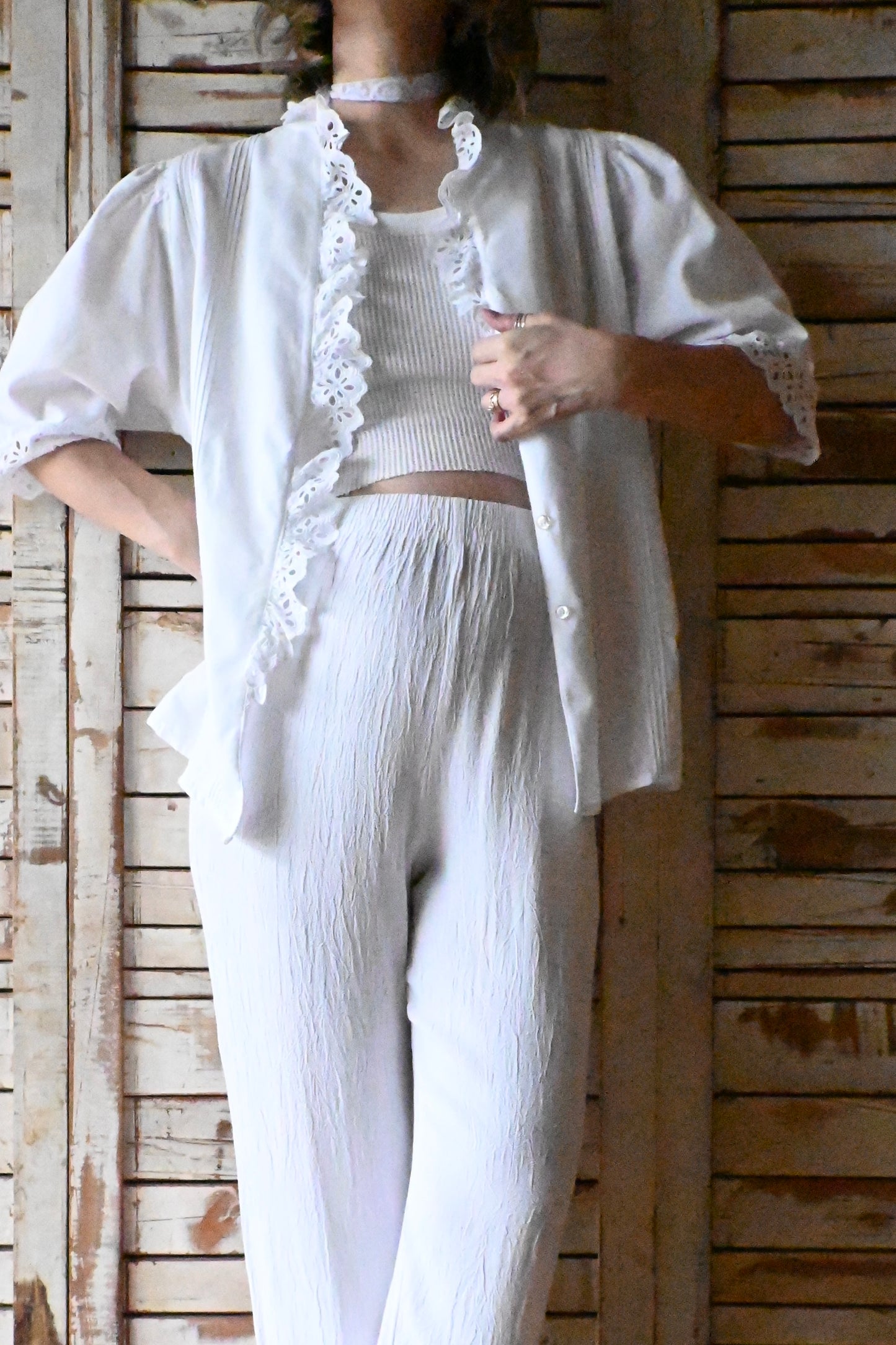 EURO Vintage cutwork cotton blouse/WHITE