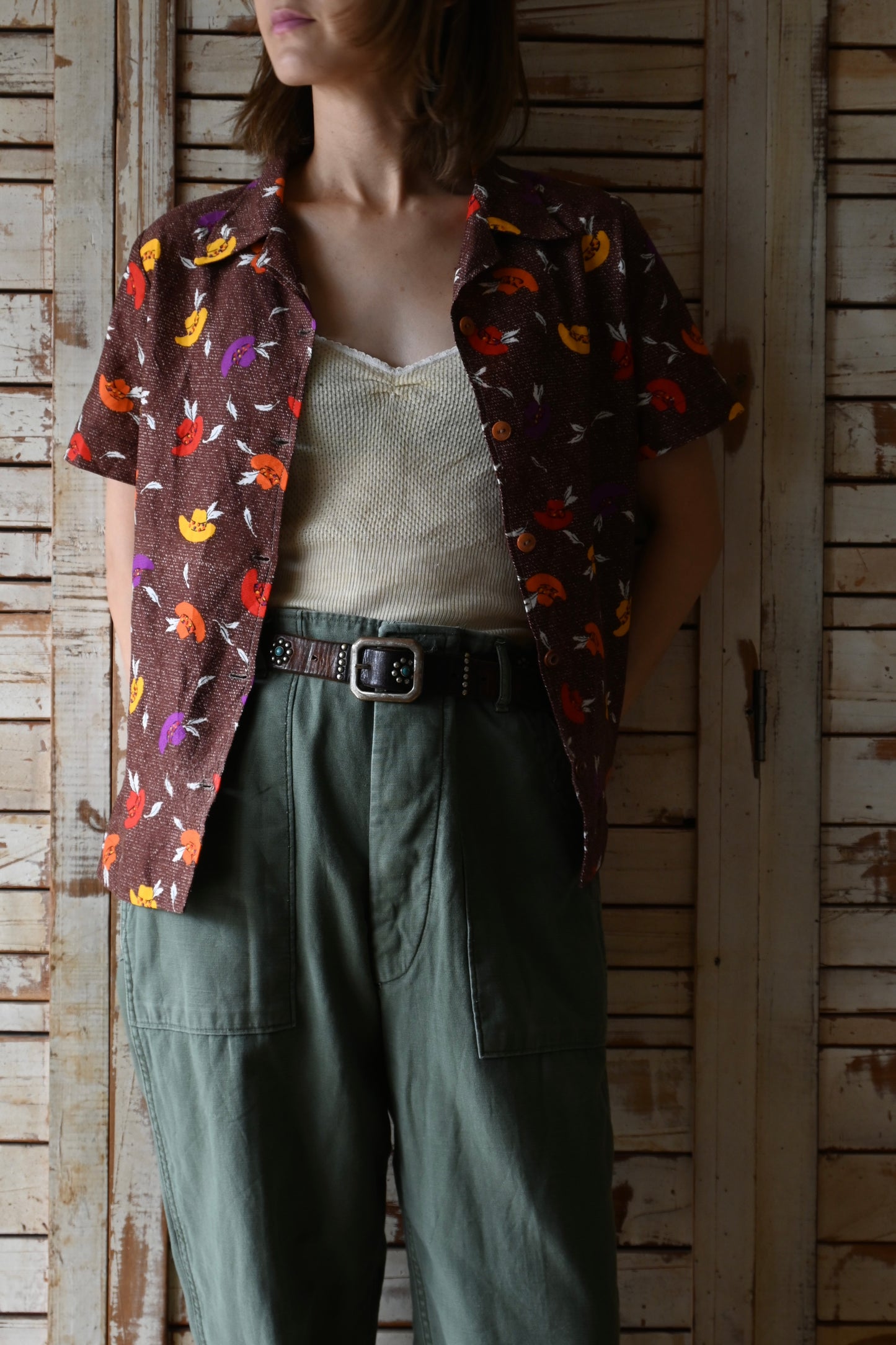 70's Western pattern shirt/BROWN
