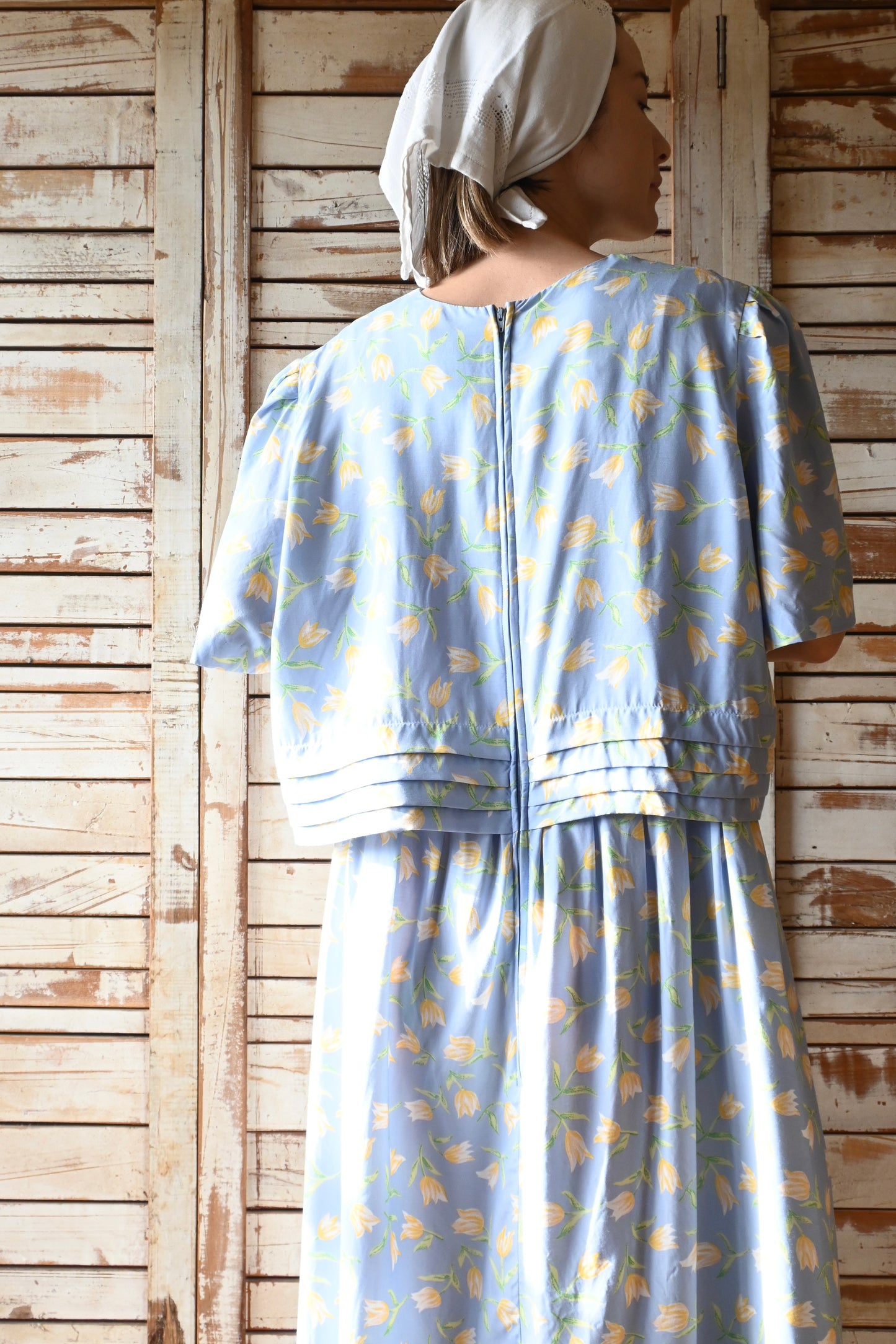 80's Flower long dress/SKY BLUE