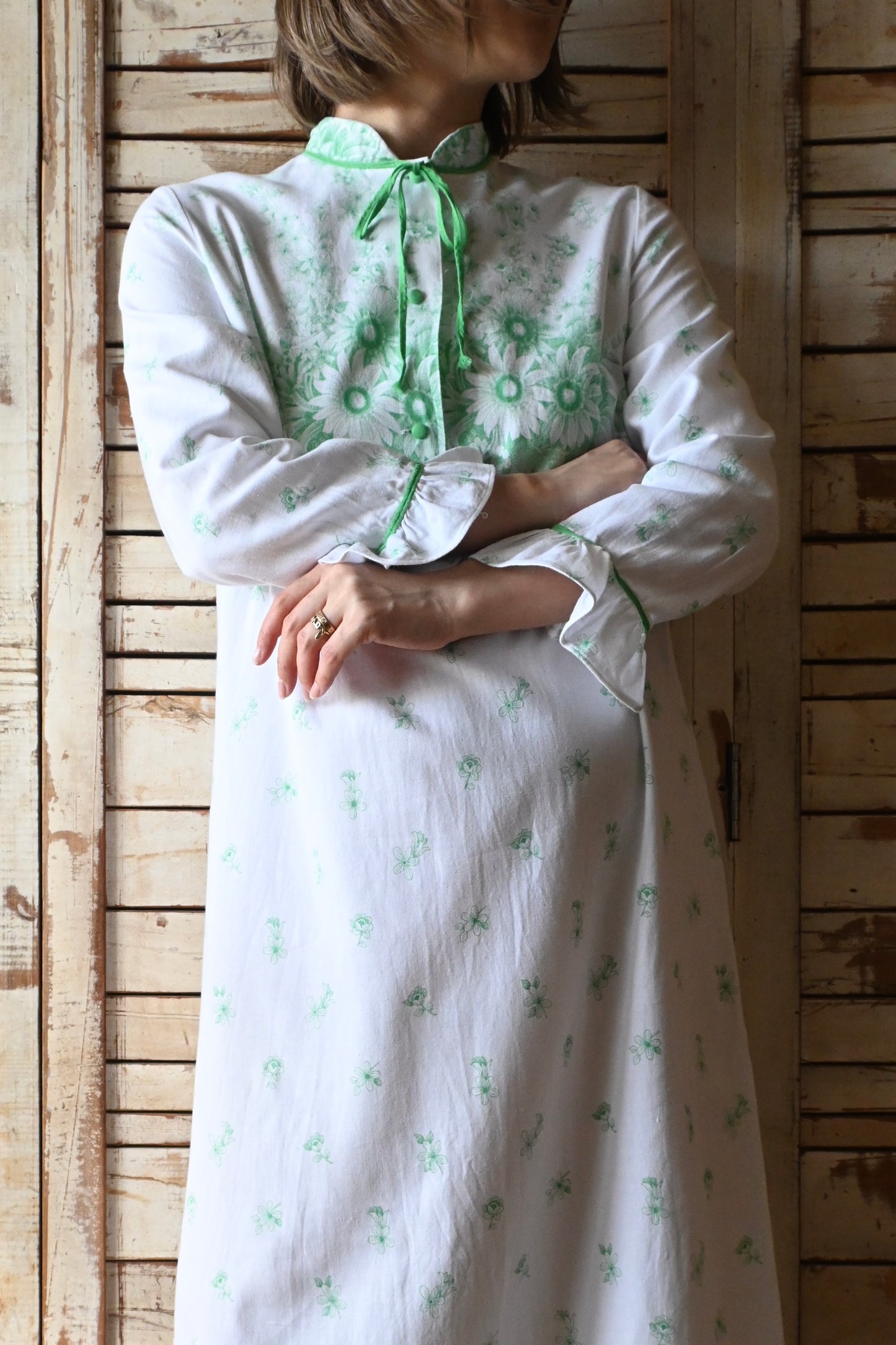 70's flower long dress/WHITE×GREEN
