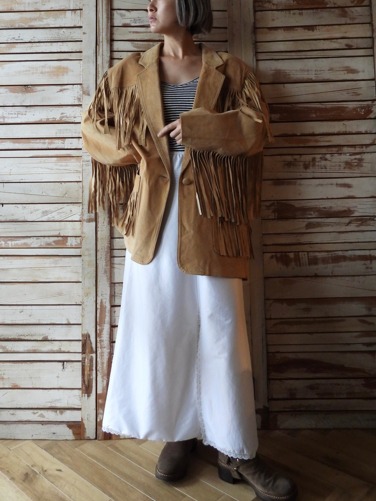 Suede fringe big jacket/CAMEL