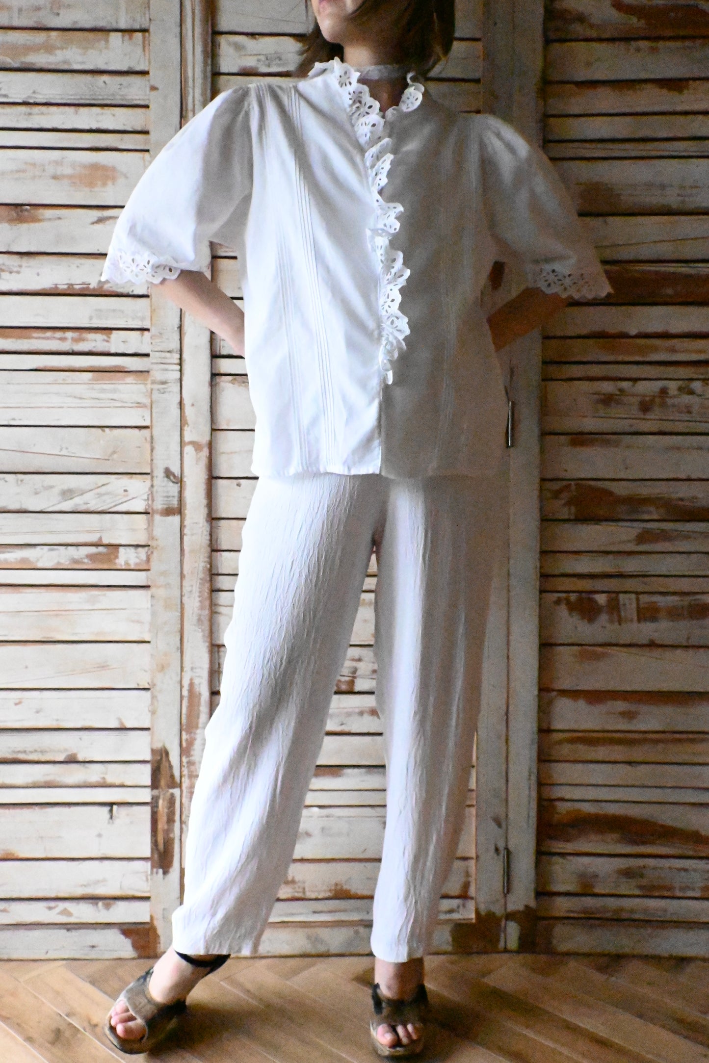 EURO Vintage cutwork cotton blouse/WHITE