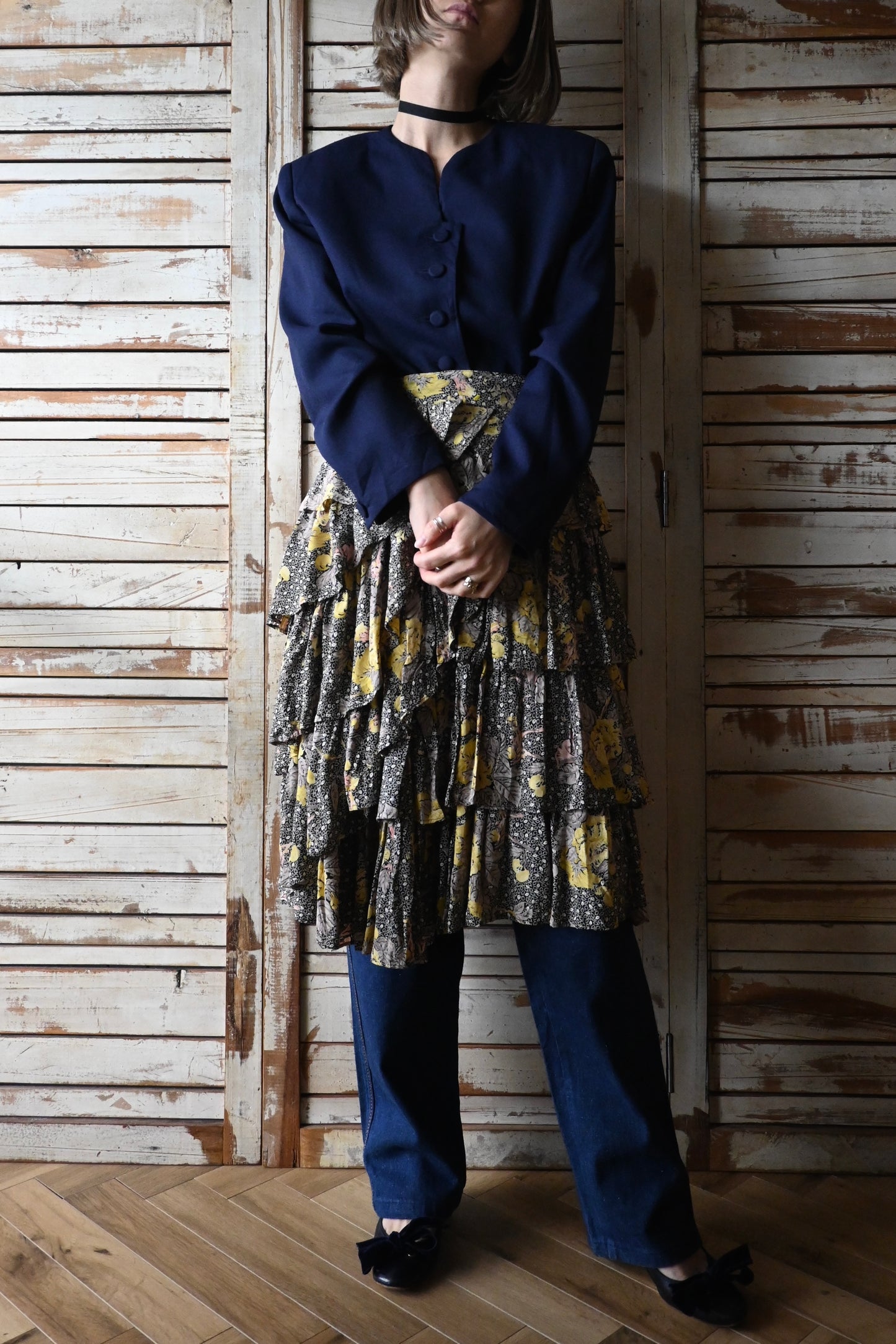 80's Flower tiered skirt/BLACK