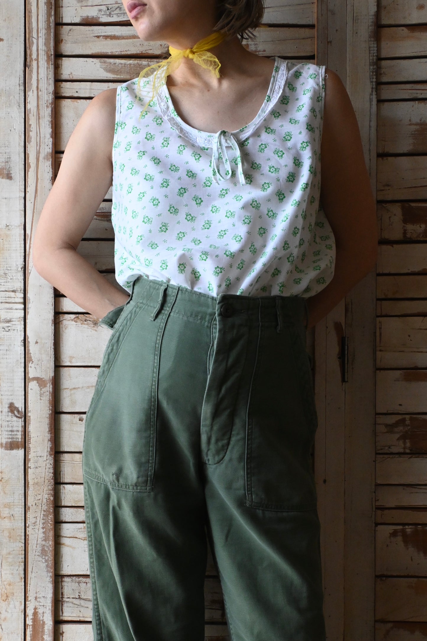 70's DEADSTOCK Floral print night wear set/WHITE×GREEN