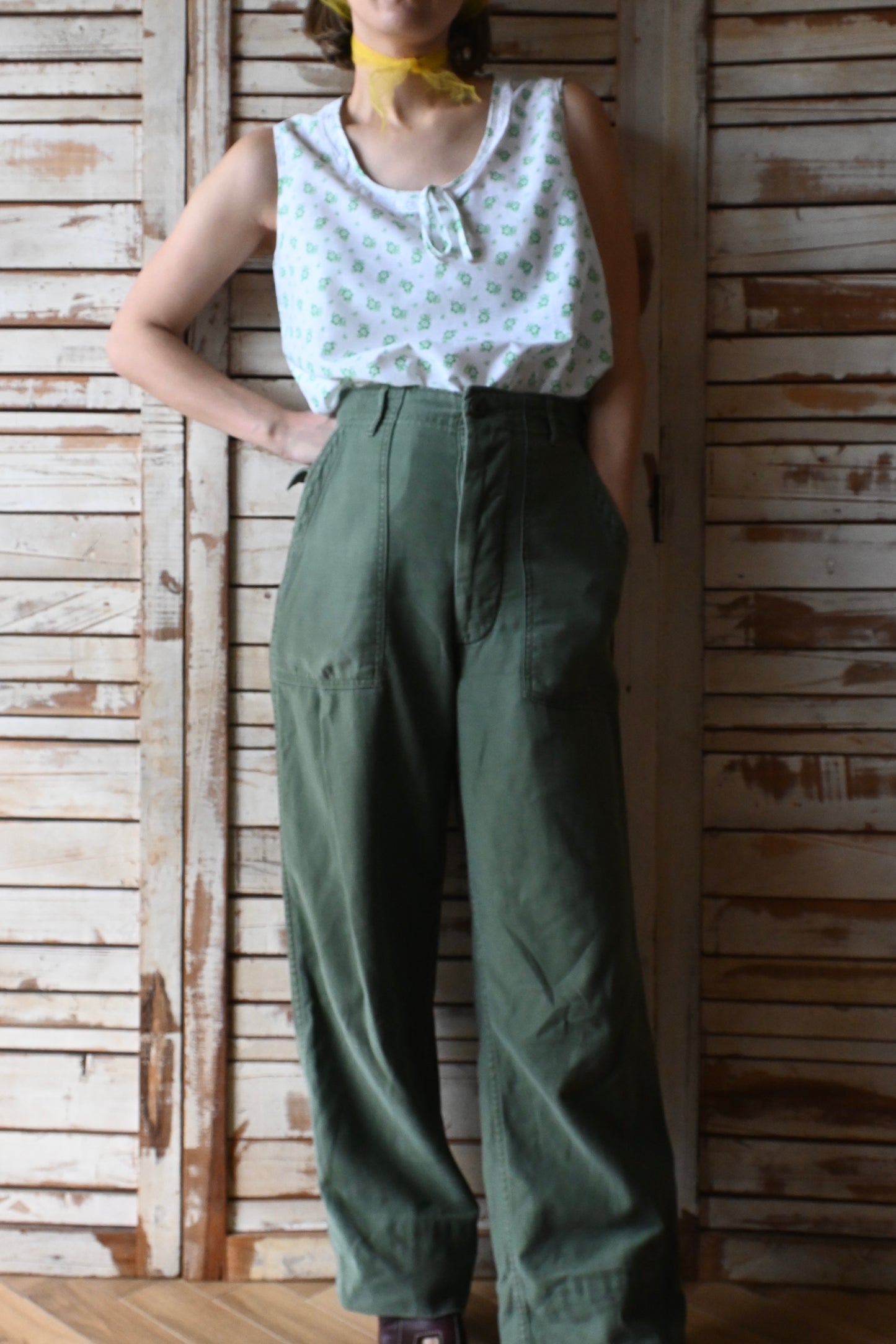 70's DEADSTOCK Floral print night wear set/WHITE×GREEN