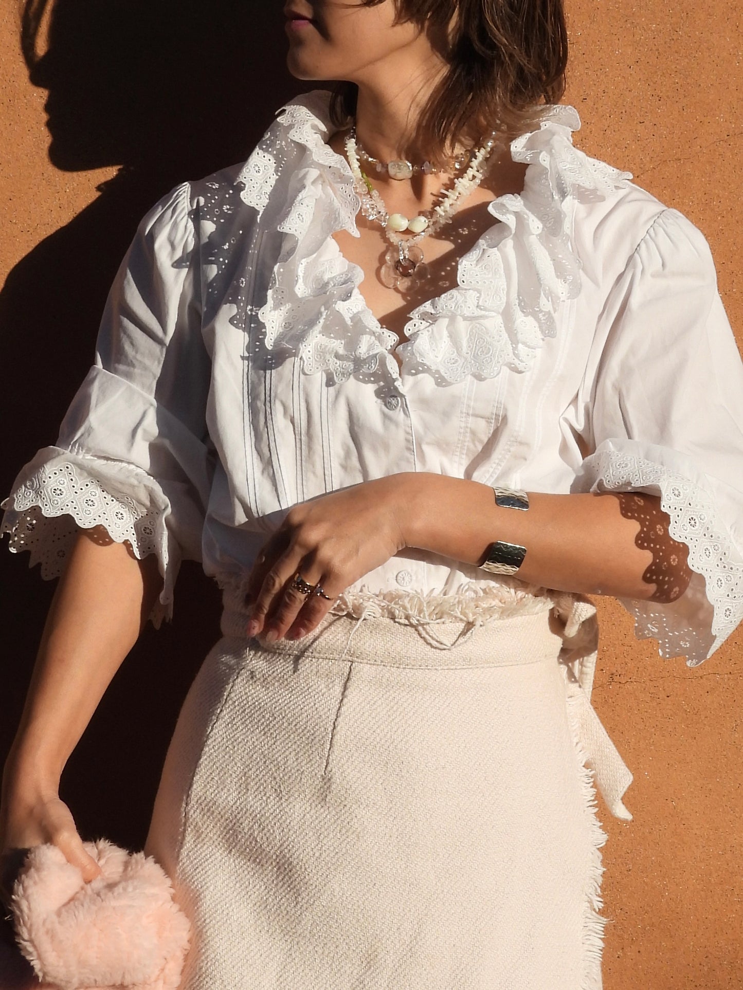 EURO Vintage cutwork cotton blouse/WHITE