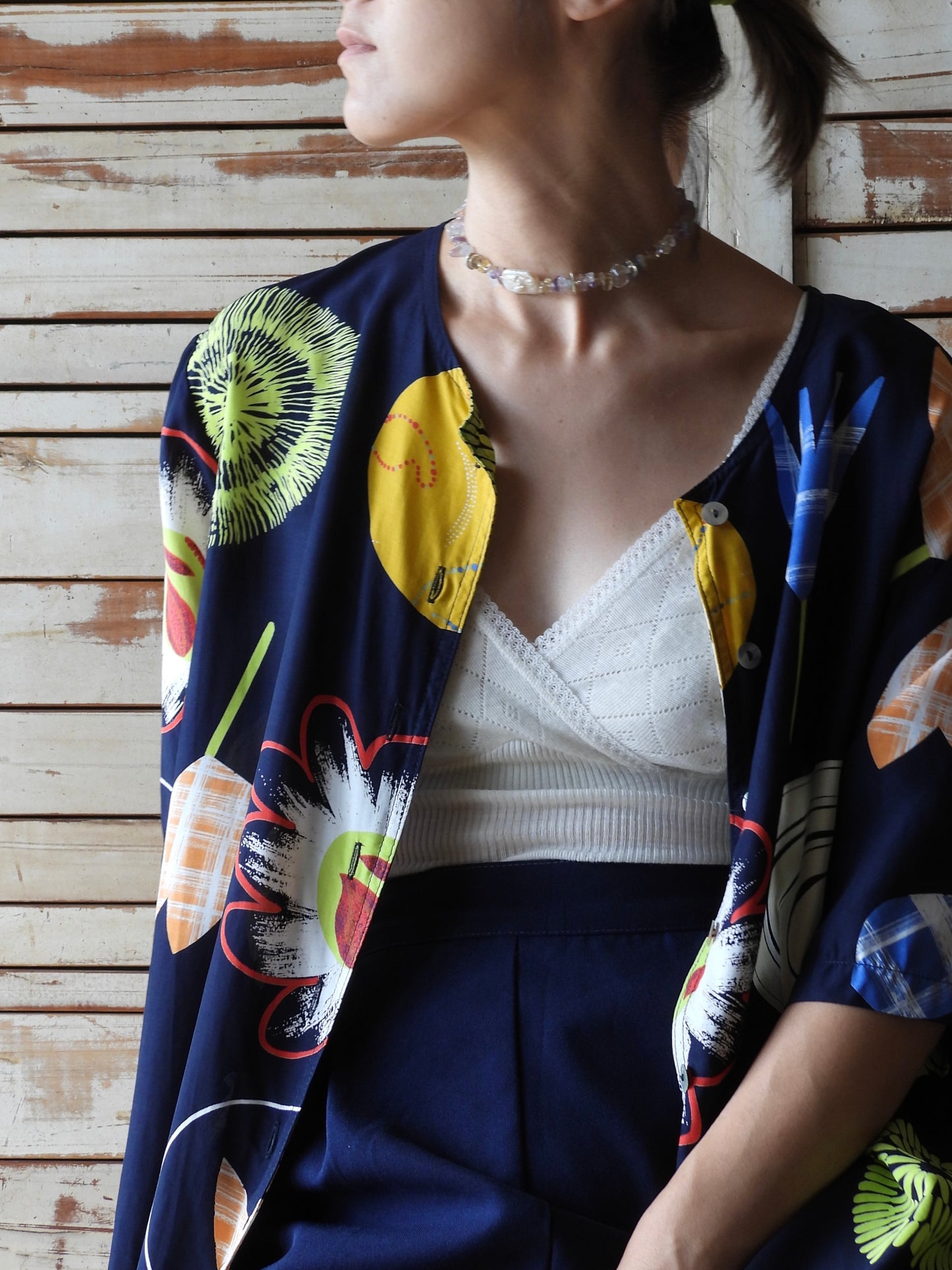 S/S flower shirt/NAVY