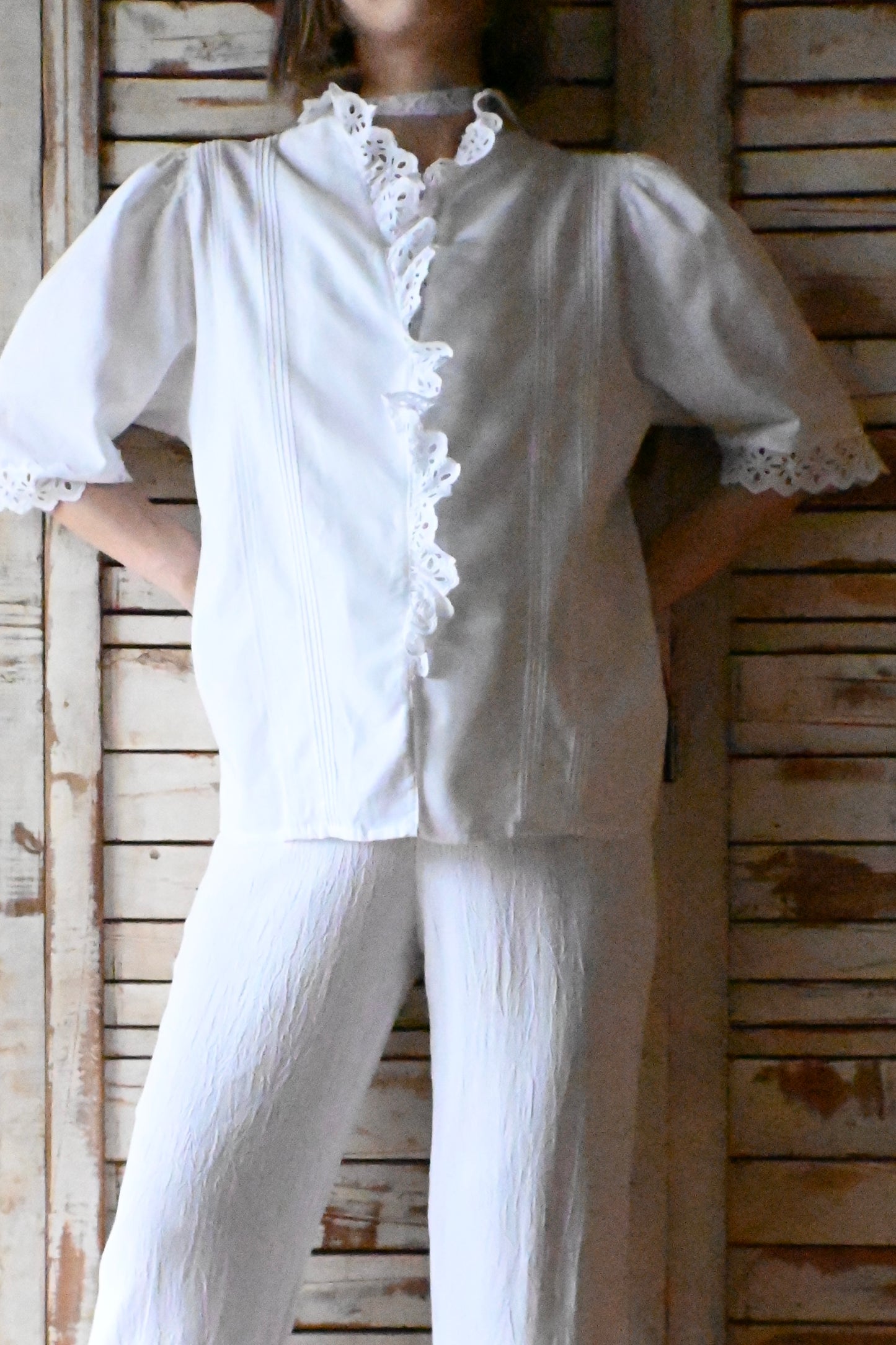 EURO Vintage cutwork cotton blouse/WHITE