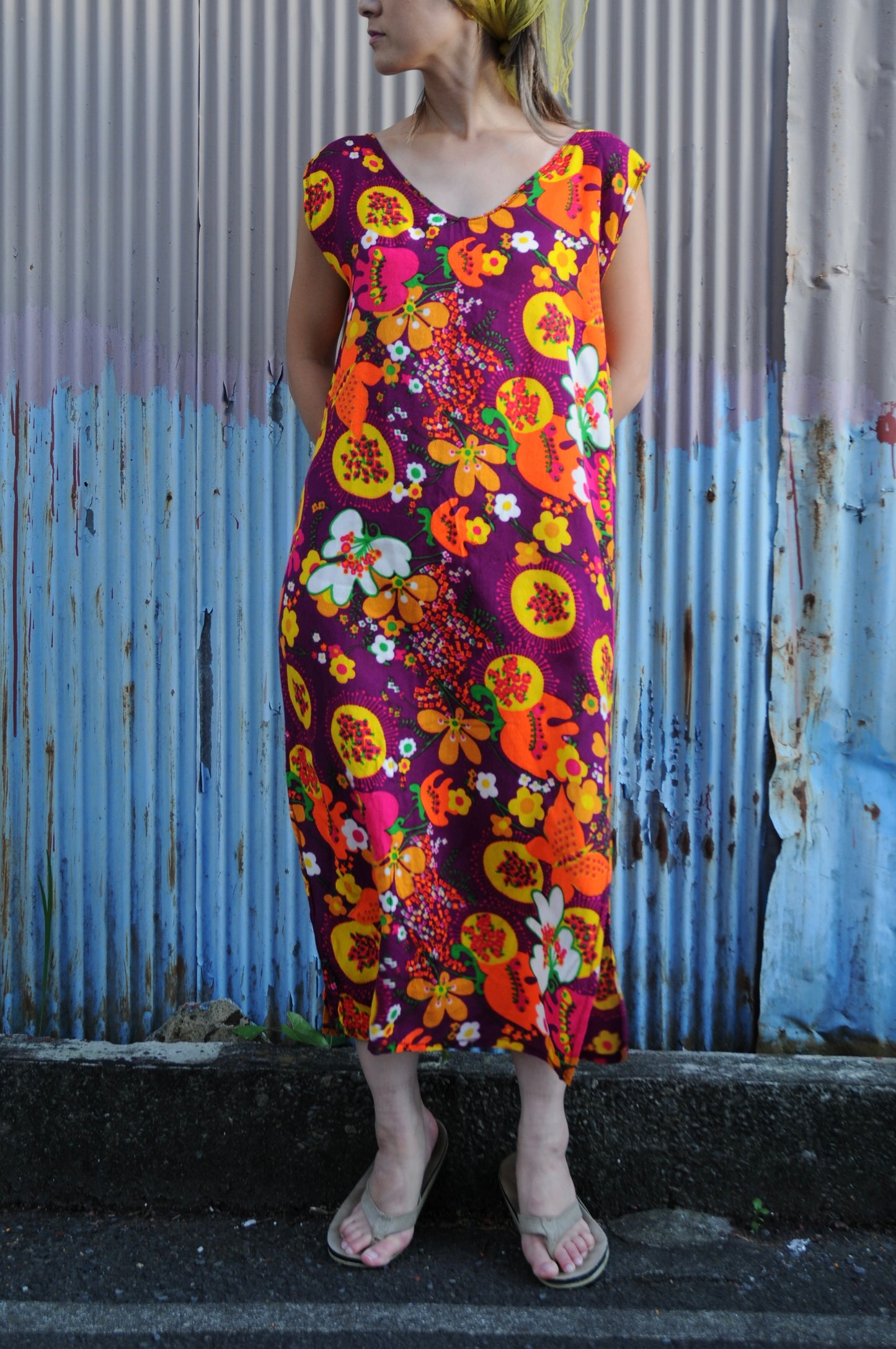 70's Vintage flower long dress/MULTI