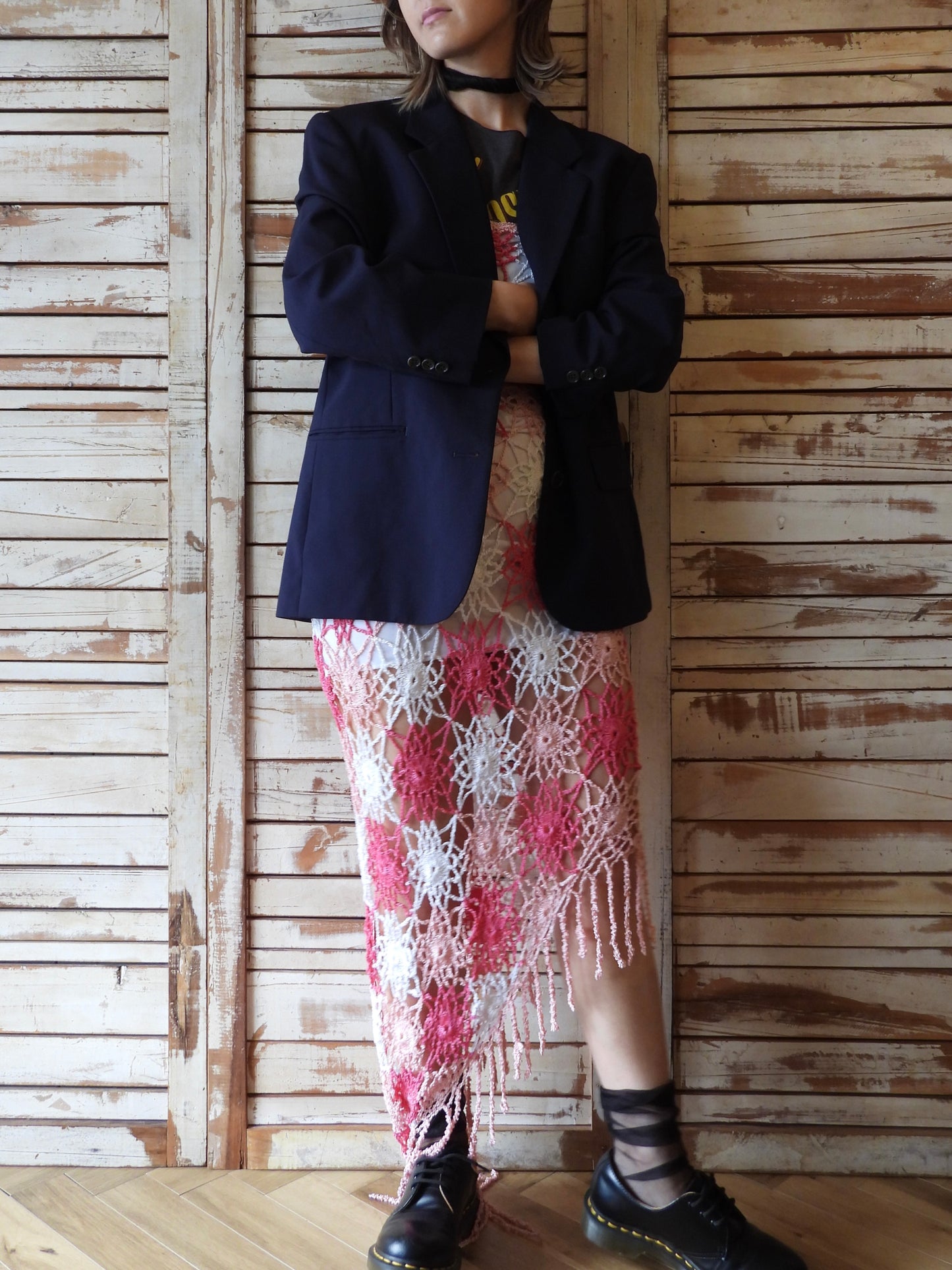 Fringe hem crochet dress/PINK
