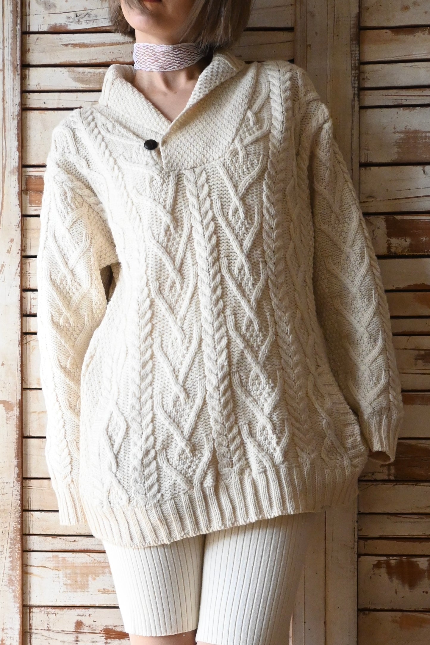 Aran knit sweater/IVORY