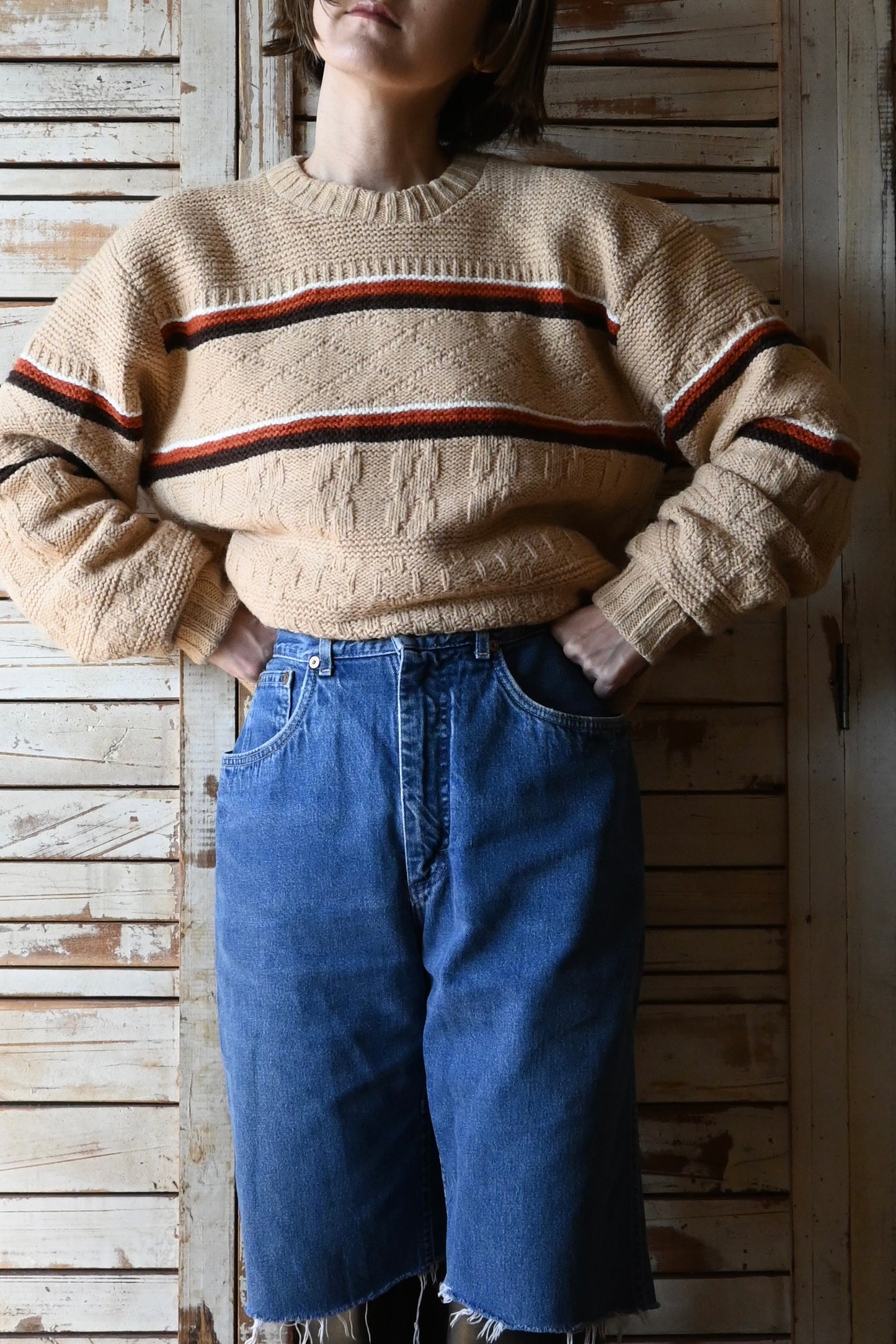 Line knit sweater/BEIGE