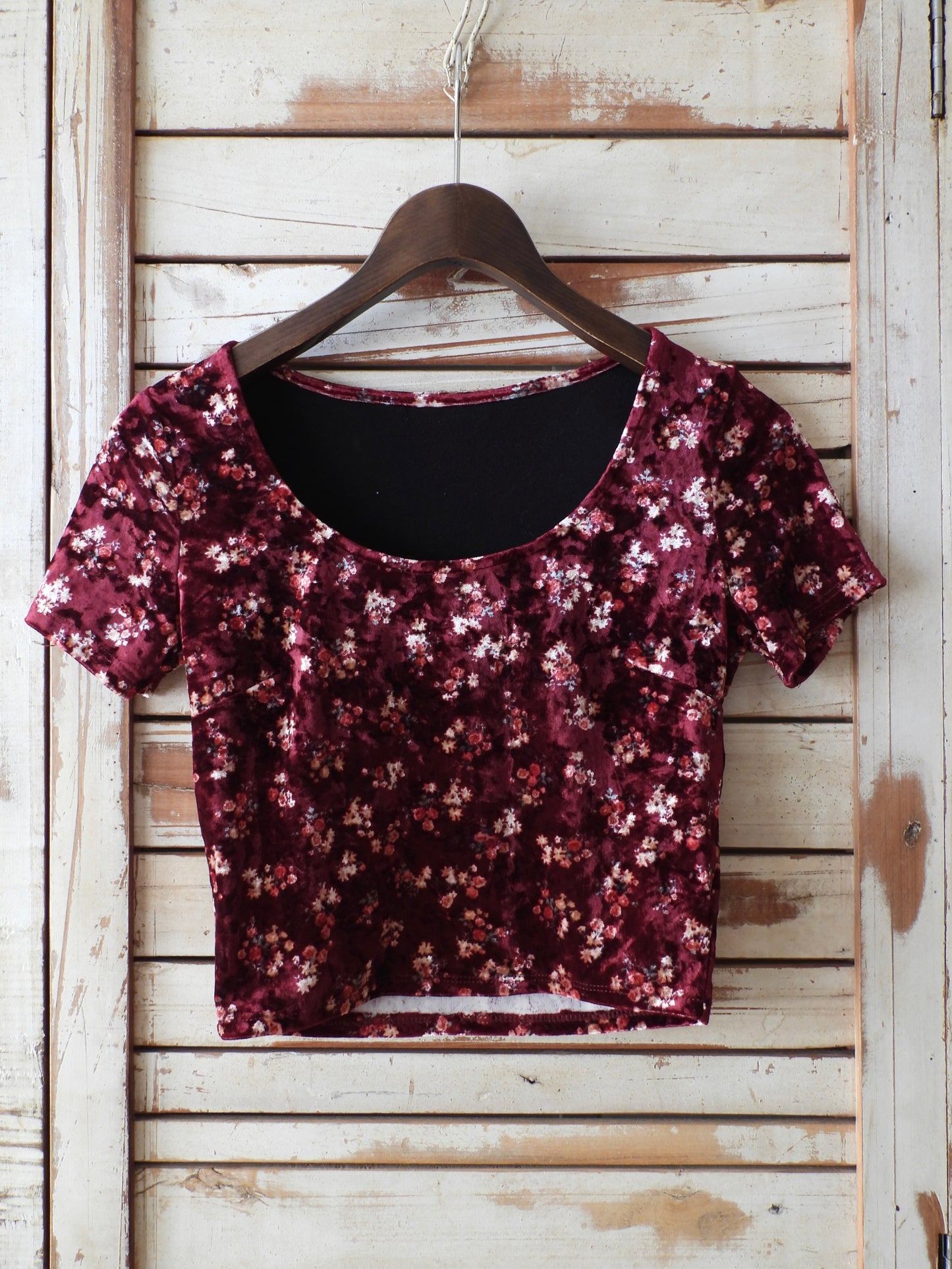 Velour flower printed cropped top/Bordeaux