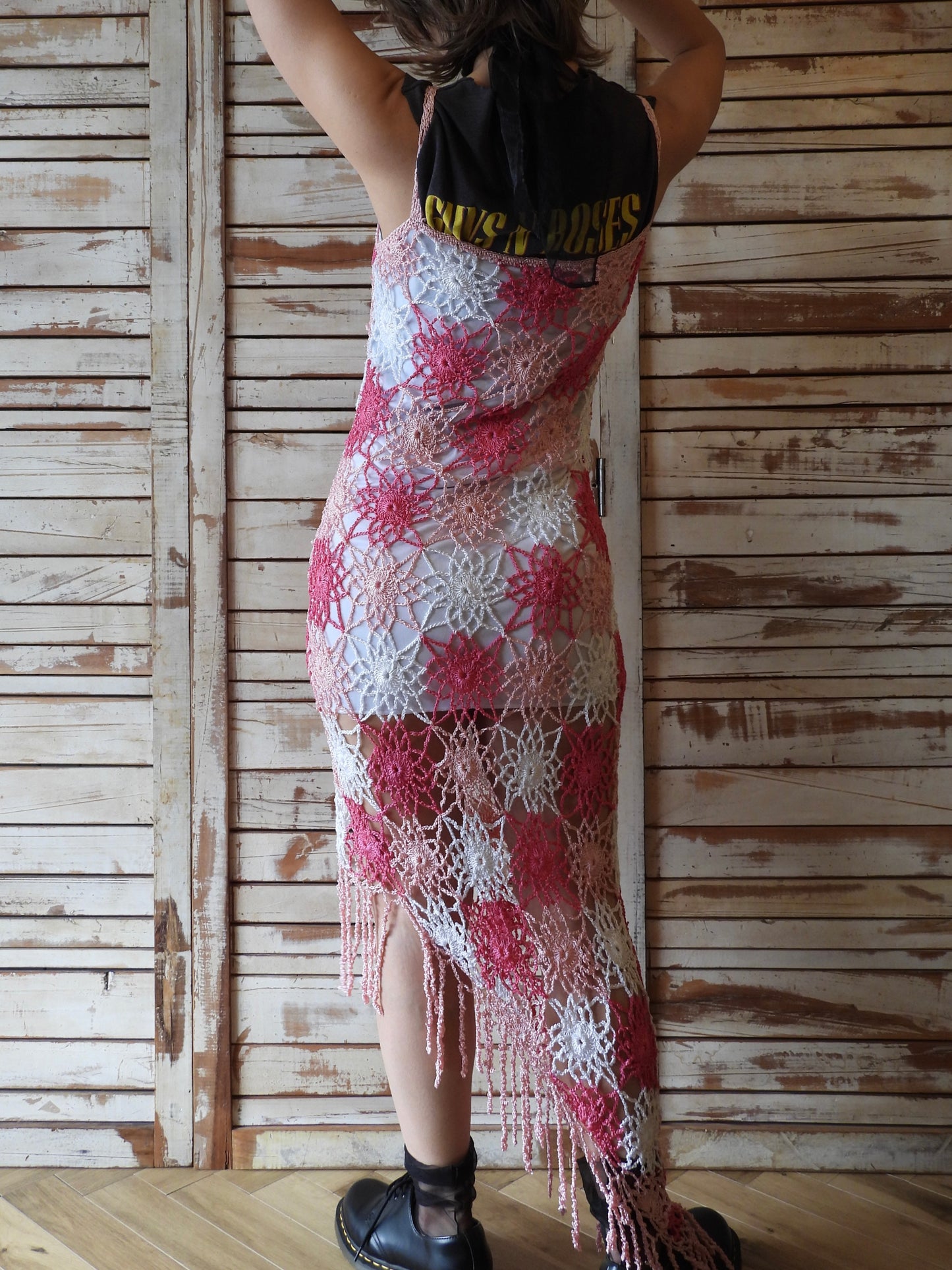 Fringe hem crochet dress/PINK