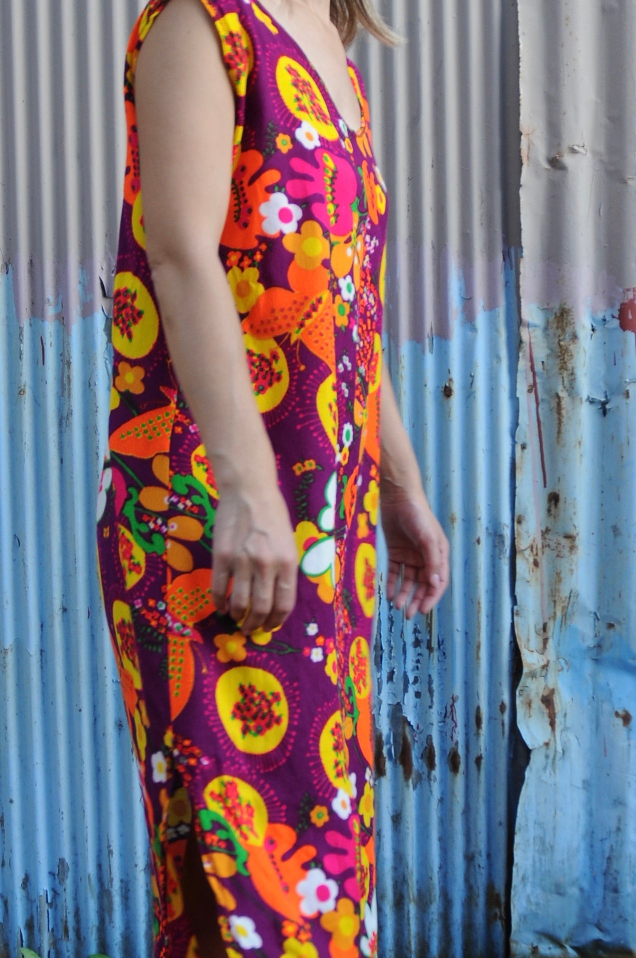 70's Vintage flower long dress/MULTI