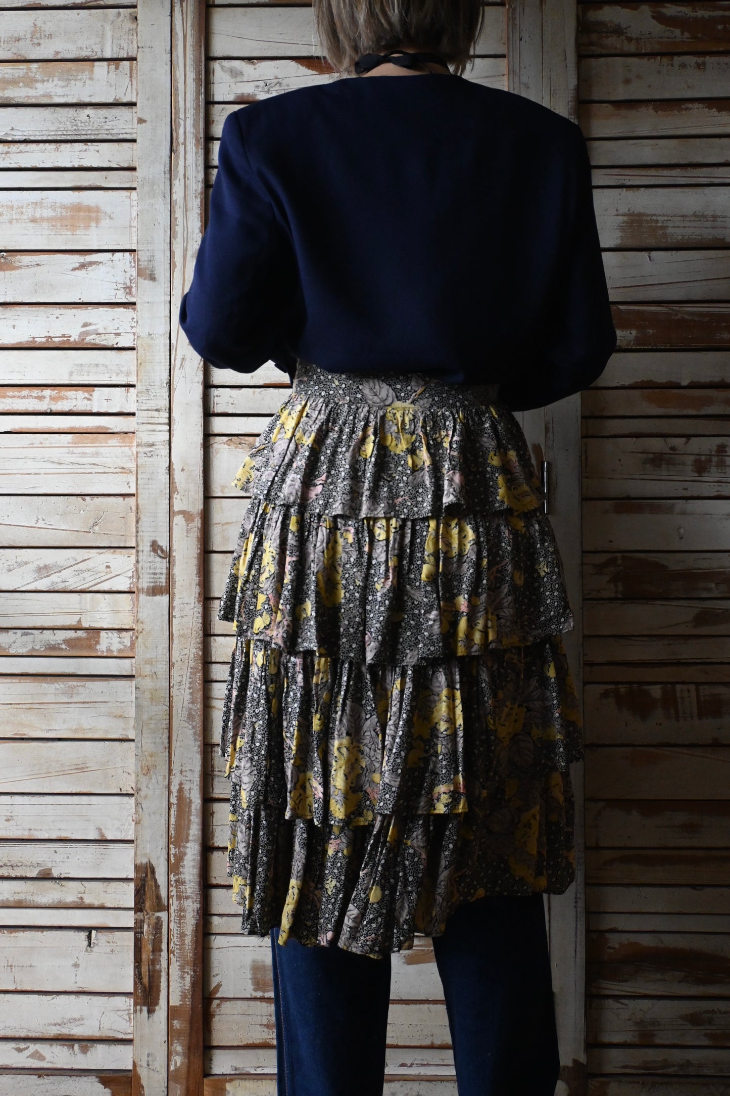 80's Flower tiered skirt/BLACK