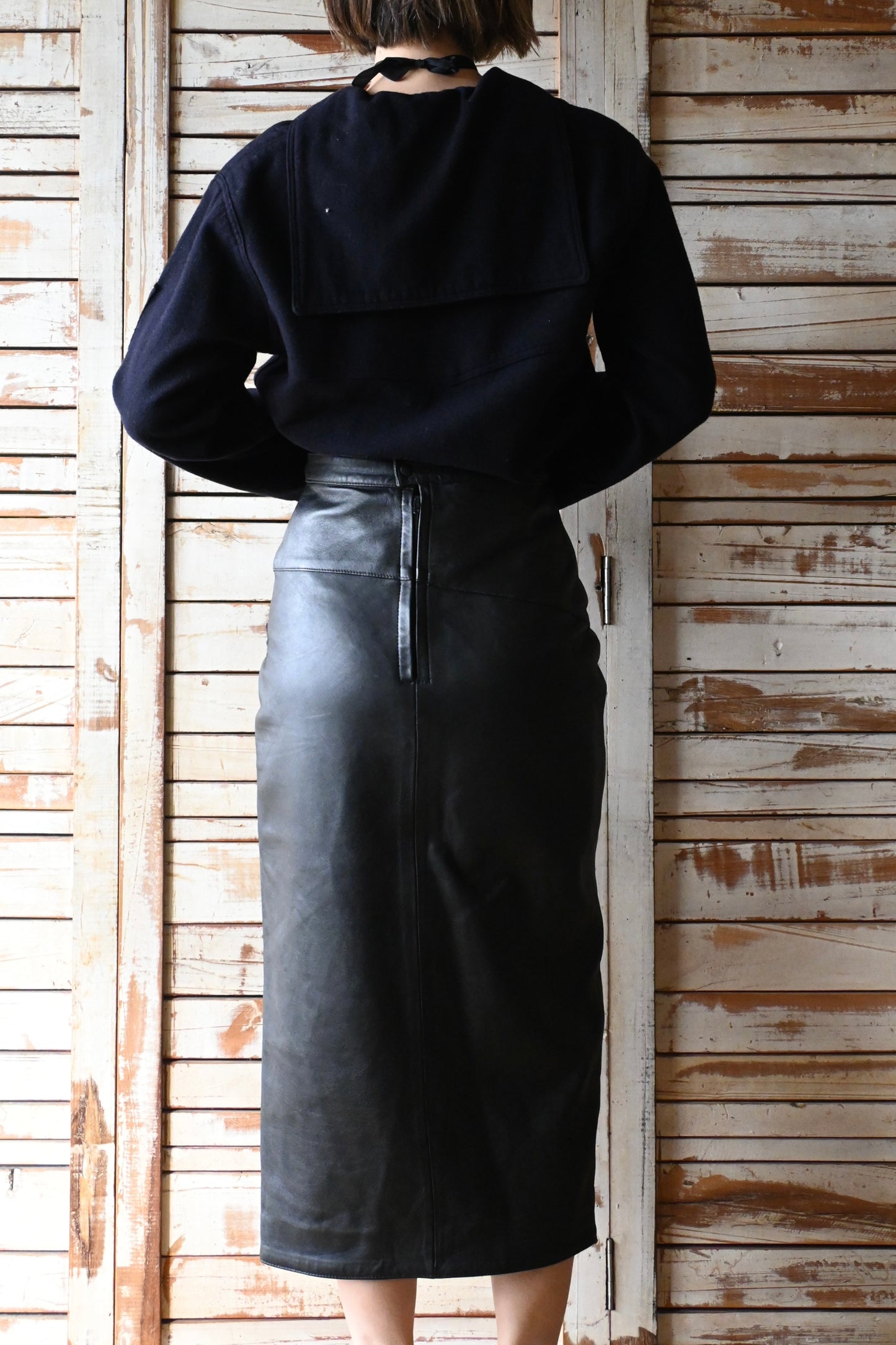Fake leather midi skirt/BLACK