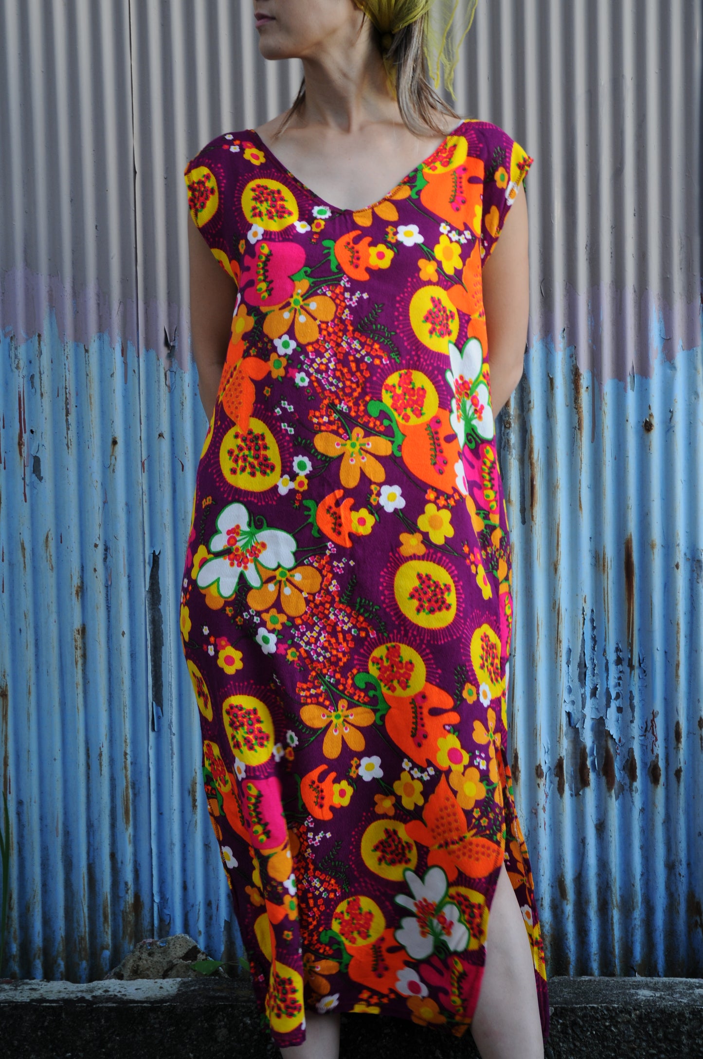 70's Vintage flower long dress/MULTI