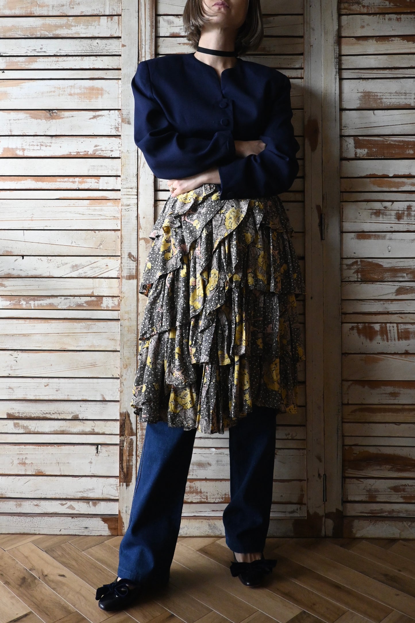 80's Flower tiered skirt/BLACK
