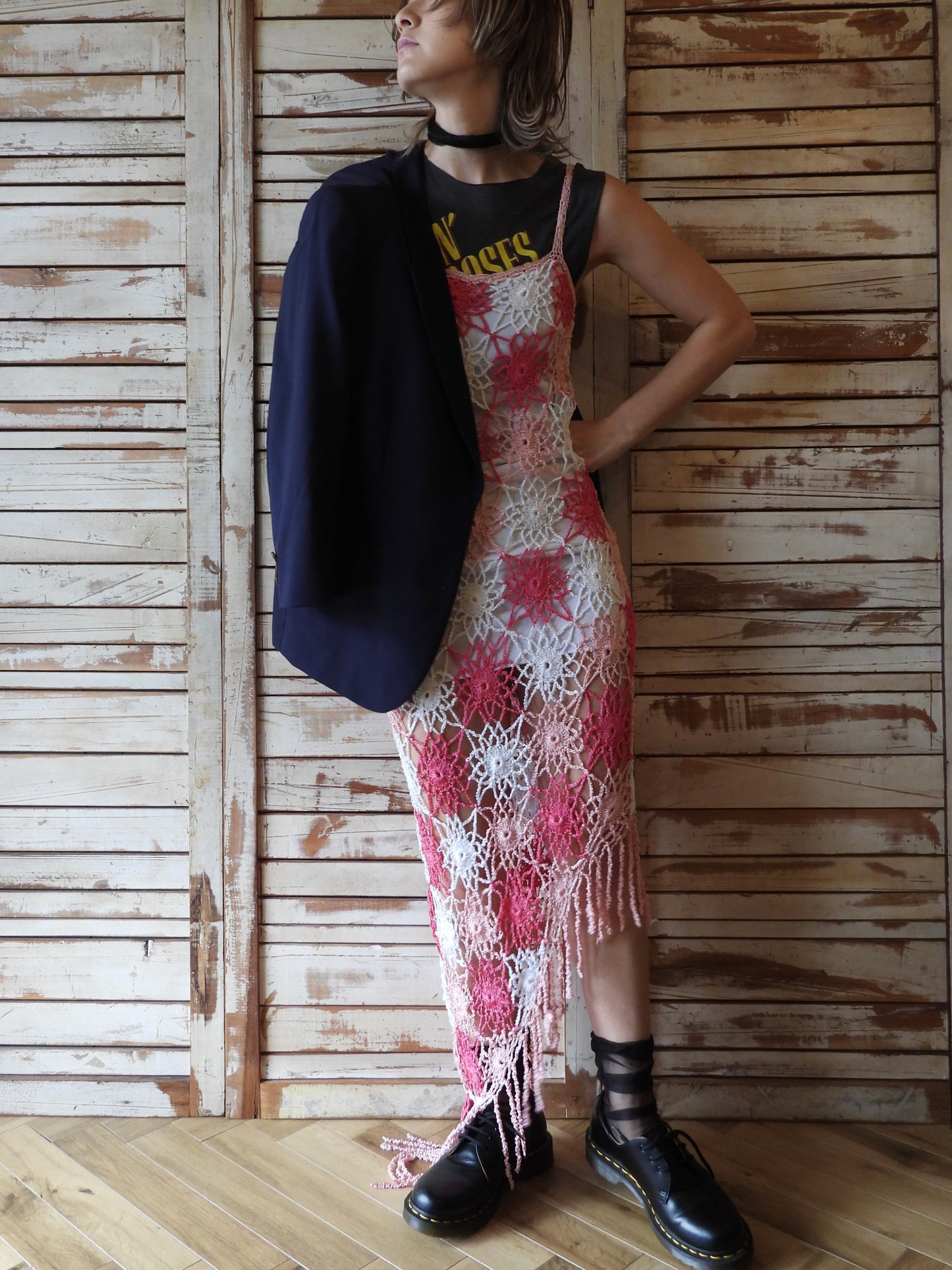 Fringe hem crochet dress/PINK