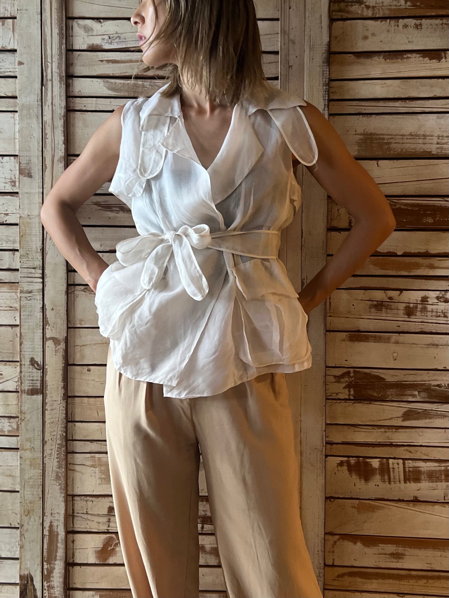 Silk n/s see-through tops/IVORY