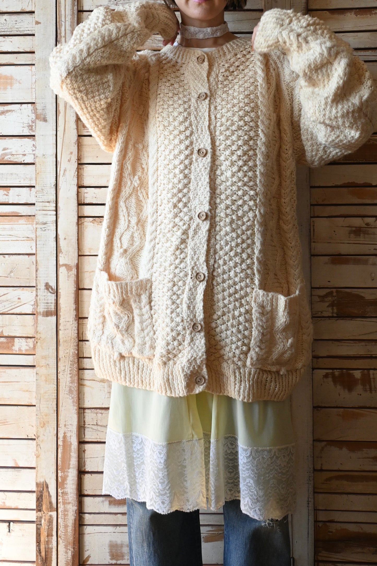 Fisherman knit cardigan/IVORY