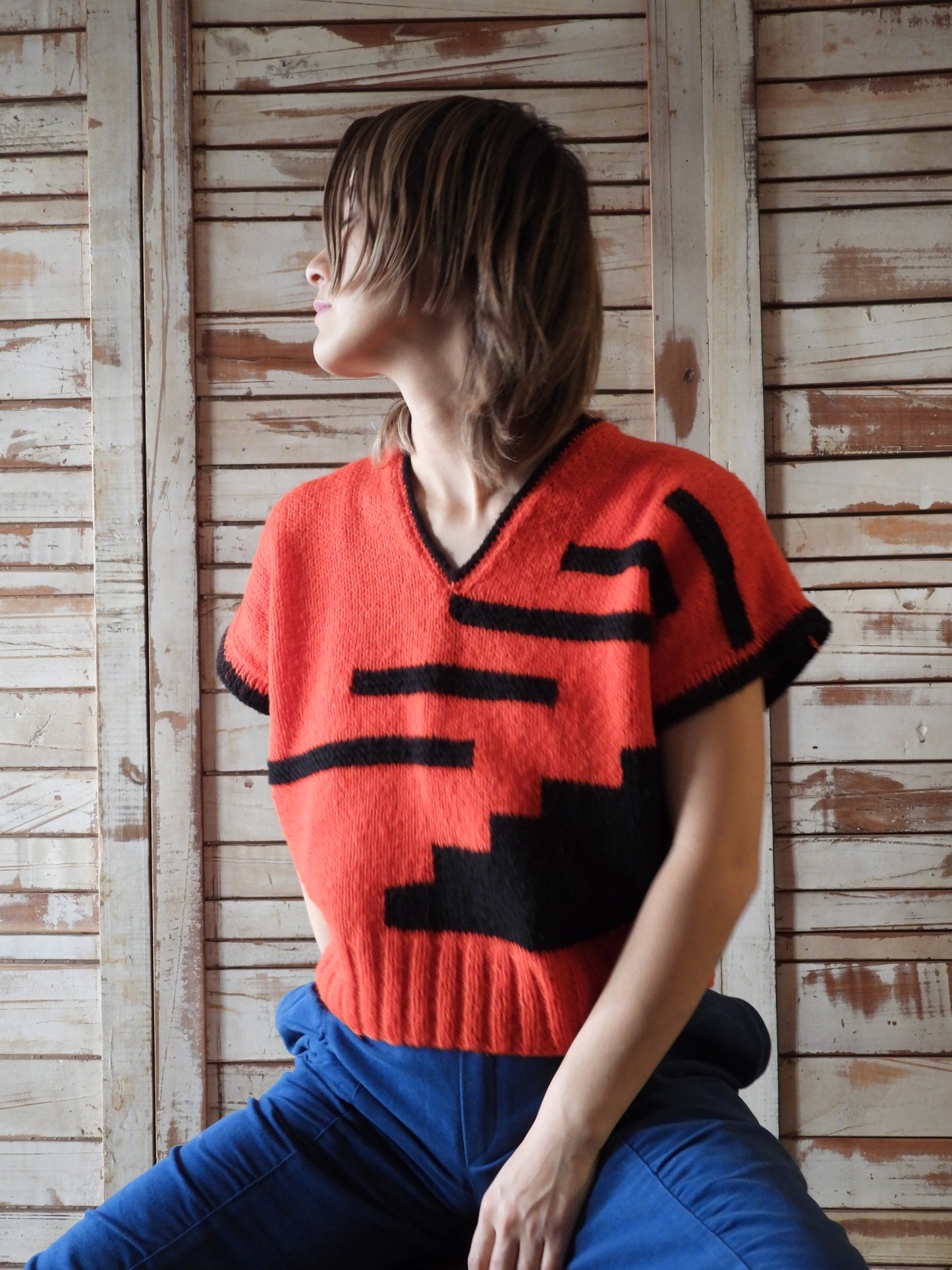 2Tone S/S hand knit top/RED