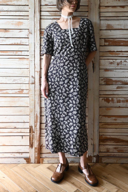 80's Flower pattern dress/BLACK