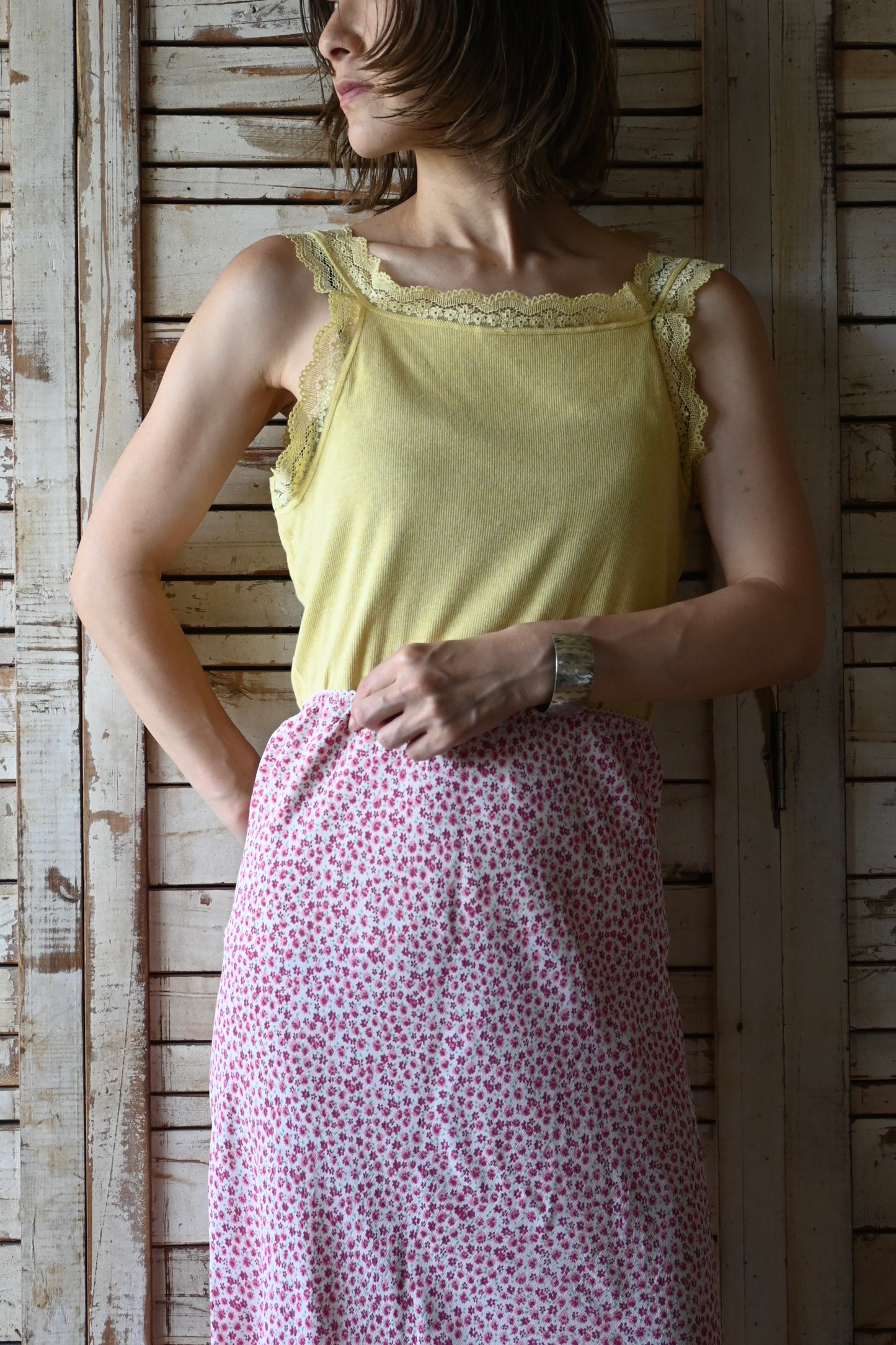 Cotton rib lace tank top/YELLOW