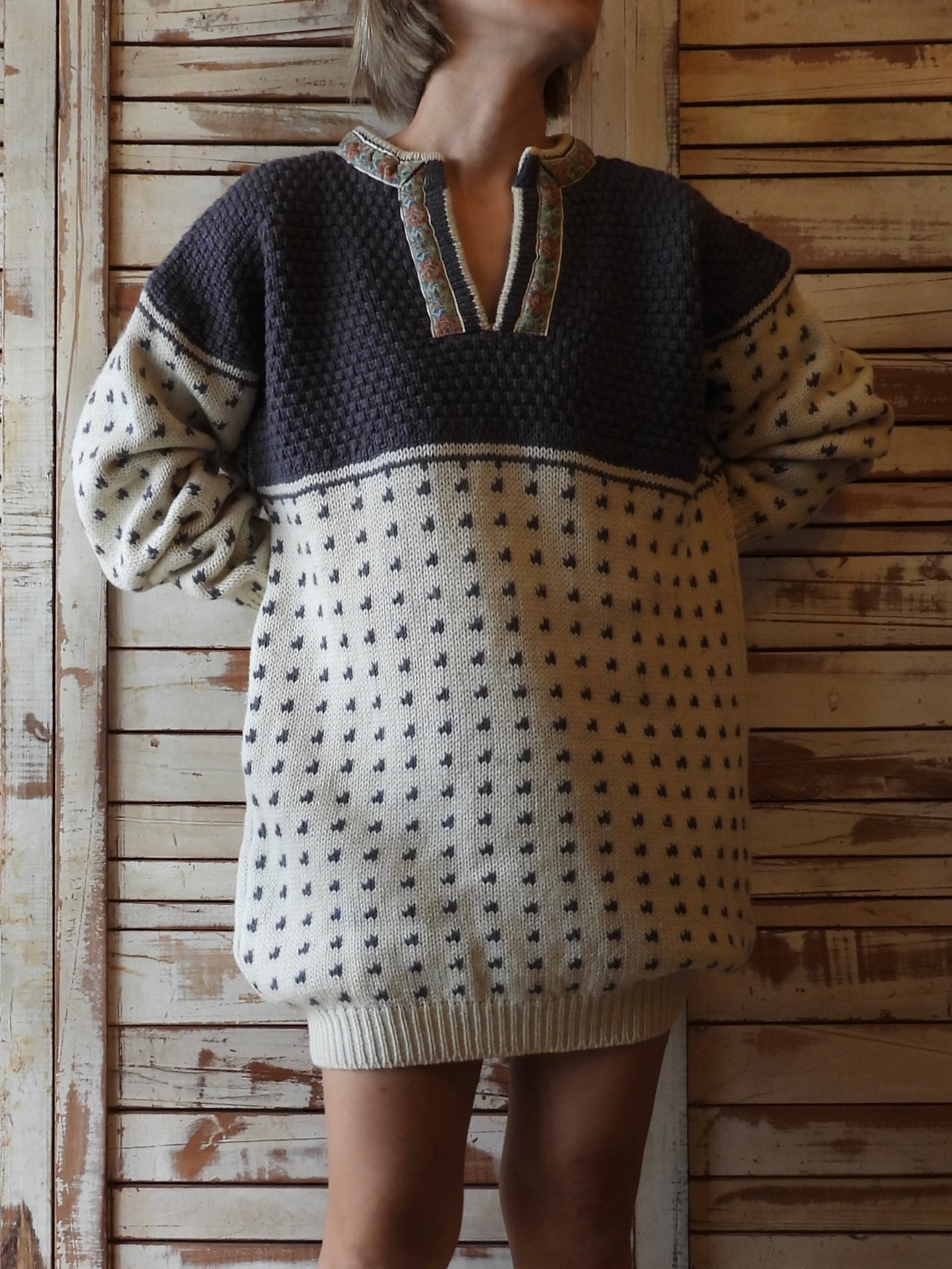 Tyrolean big sweater/IVORY×GREY