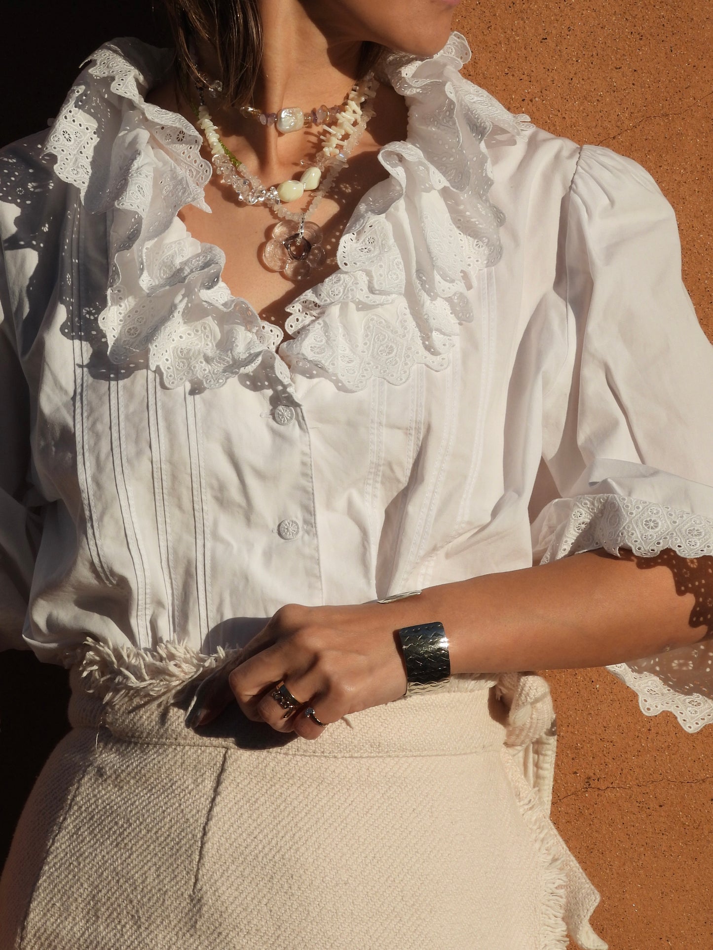 EURO Vintage cutwork cotton blouse/WHITE