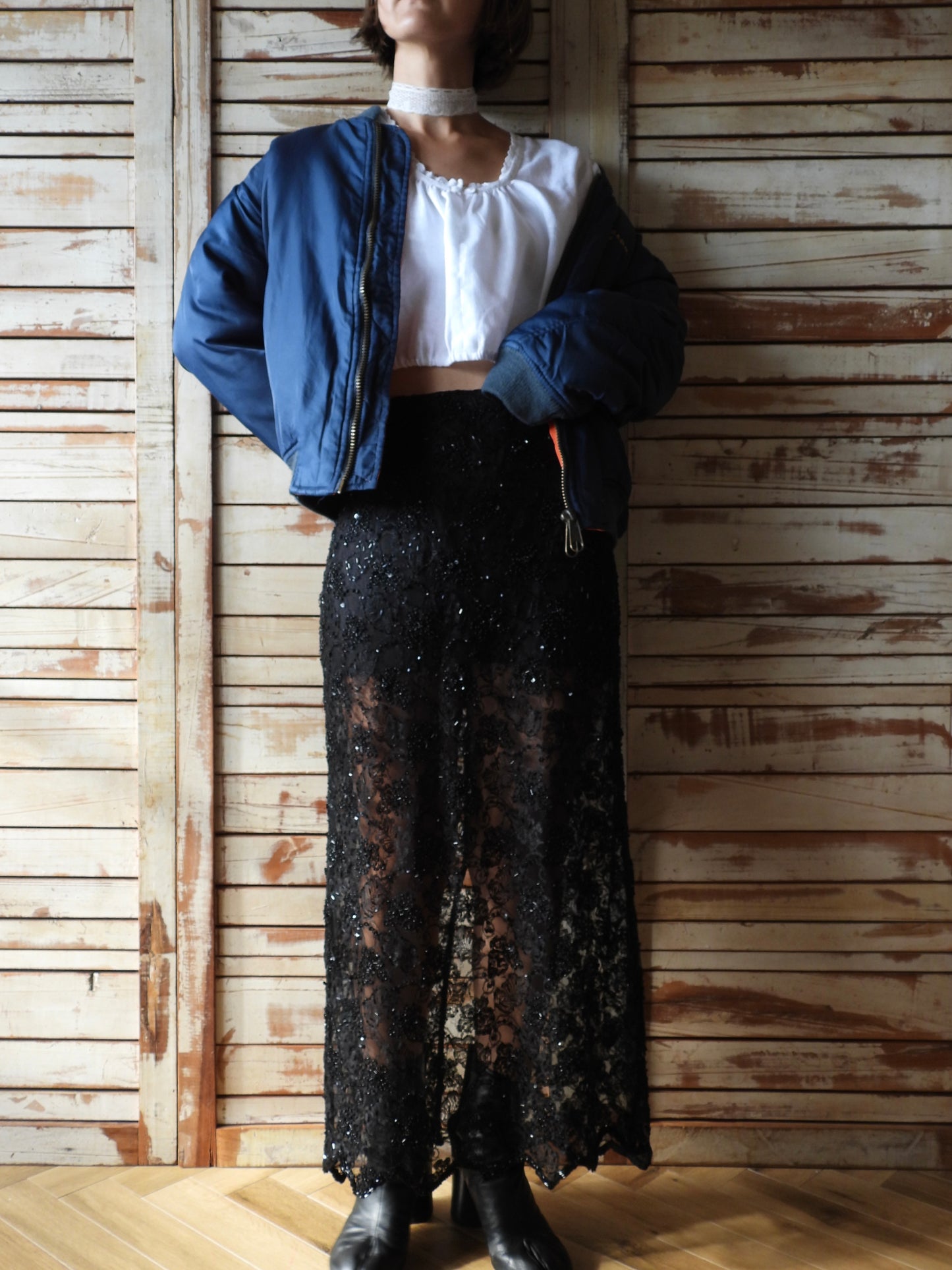 Spangle beads long skirt/BLACK