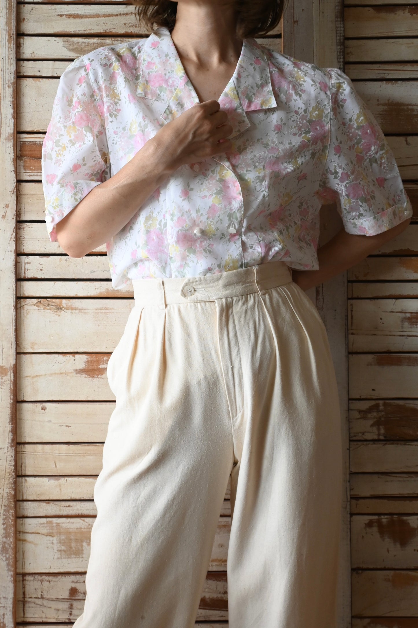 80's Silk tuck pants/CREAM
