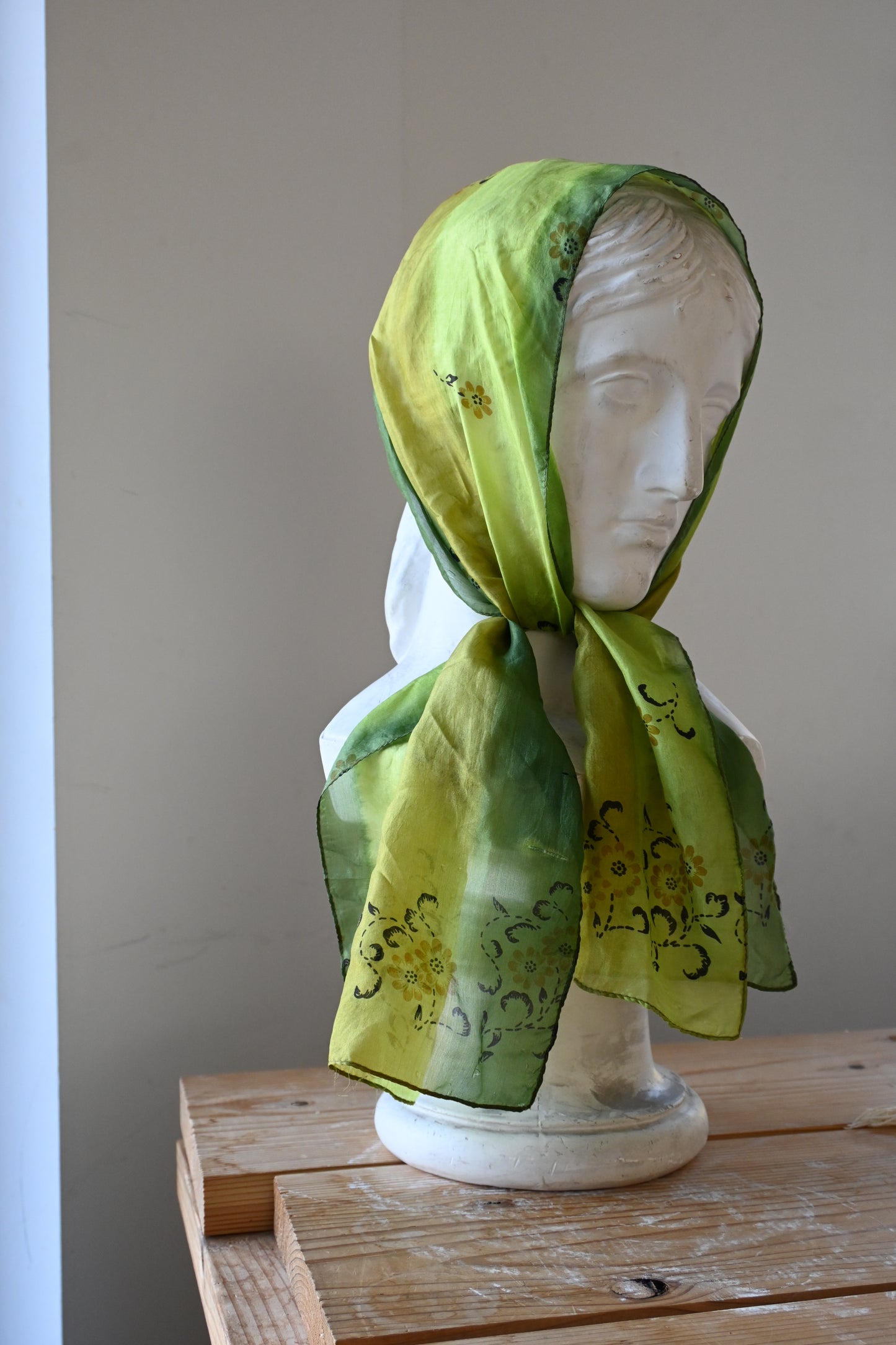 Flower silk long scarf/GREEN