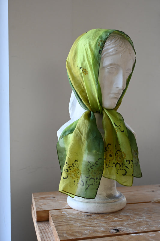 Flower silk long scarf/GREEN