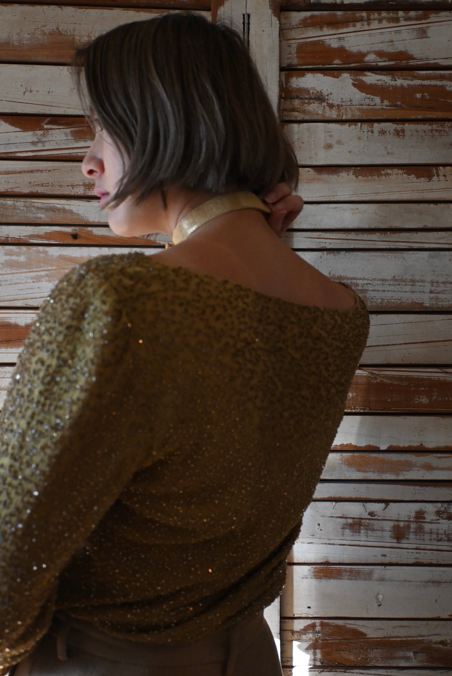 "Laurence Kazar" sequin tops/CAMEL