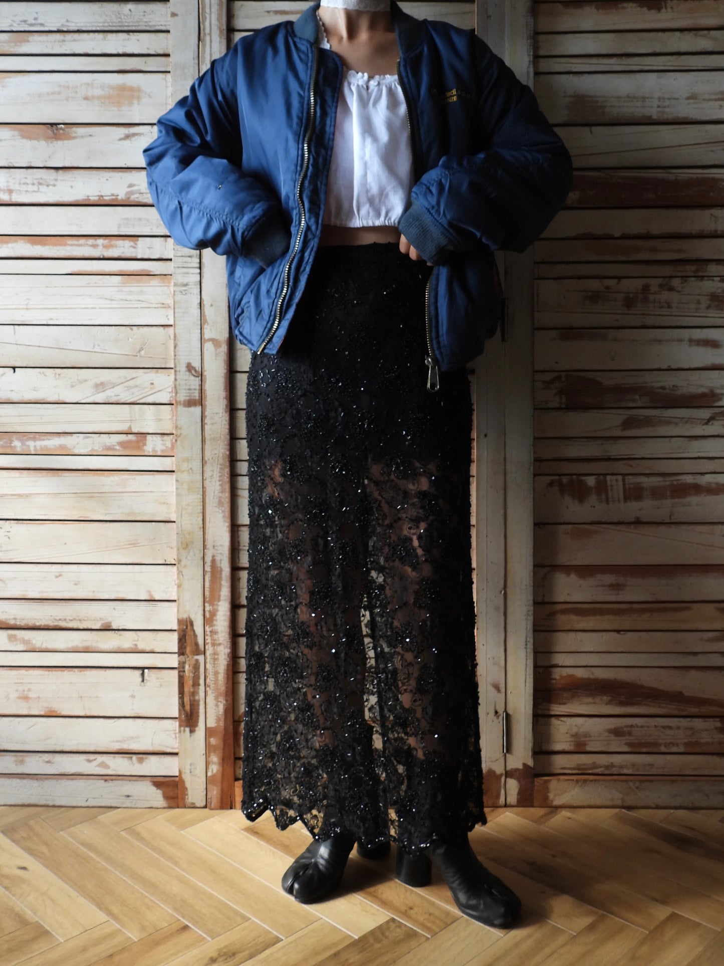 Spangle beads long skirt/BLACK