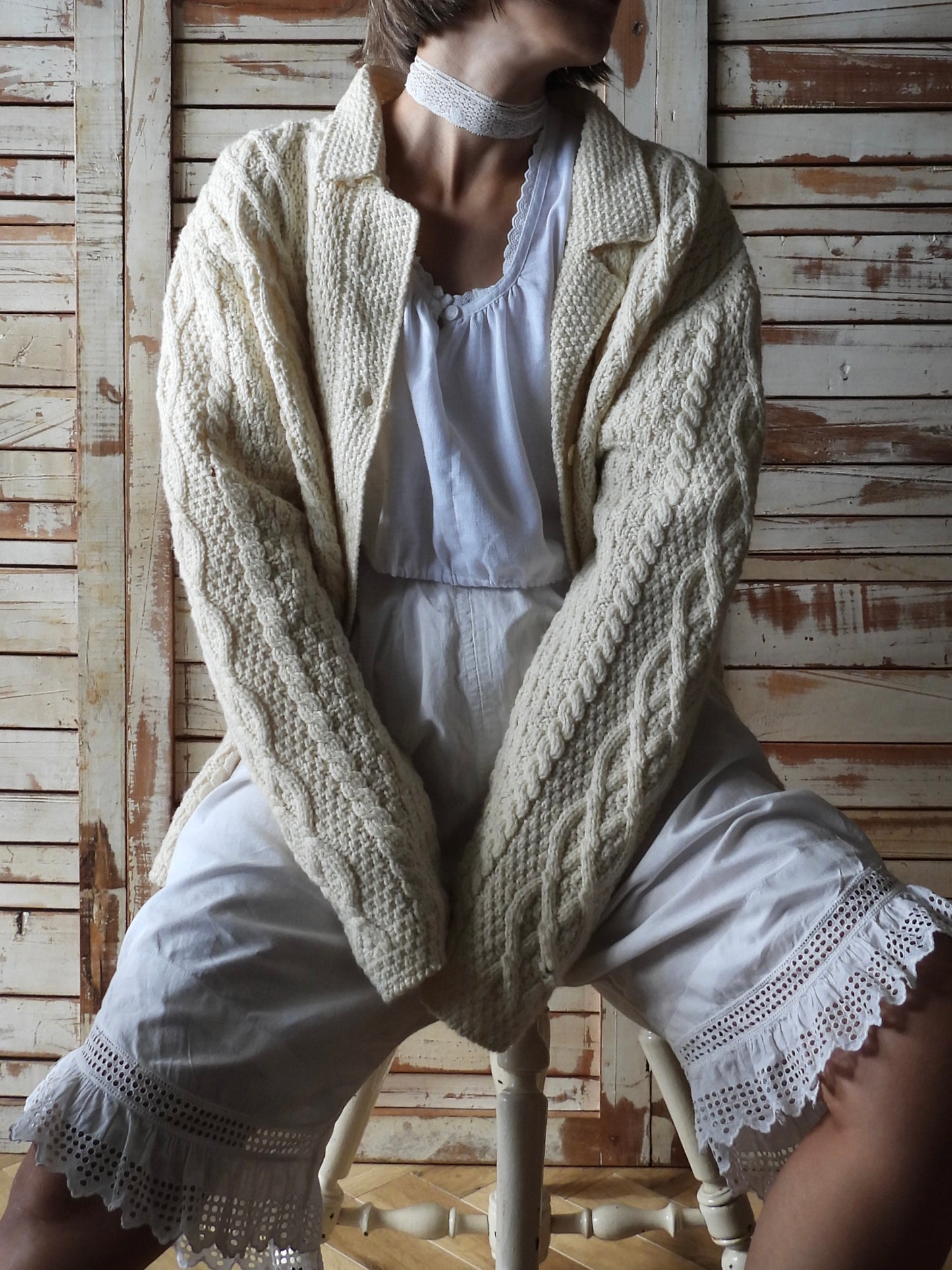 '80s Aran knit cardigan/IVORY/PAUL JAMES