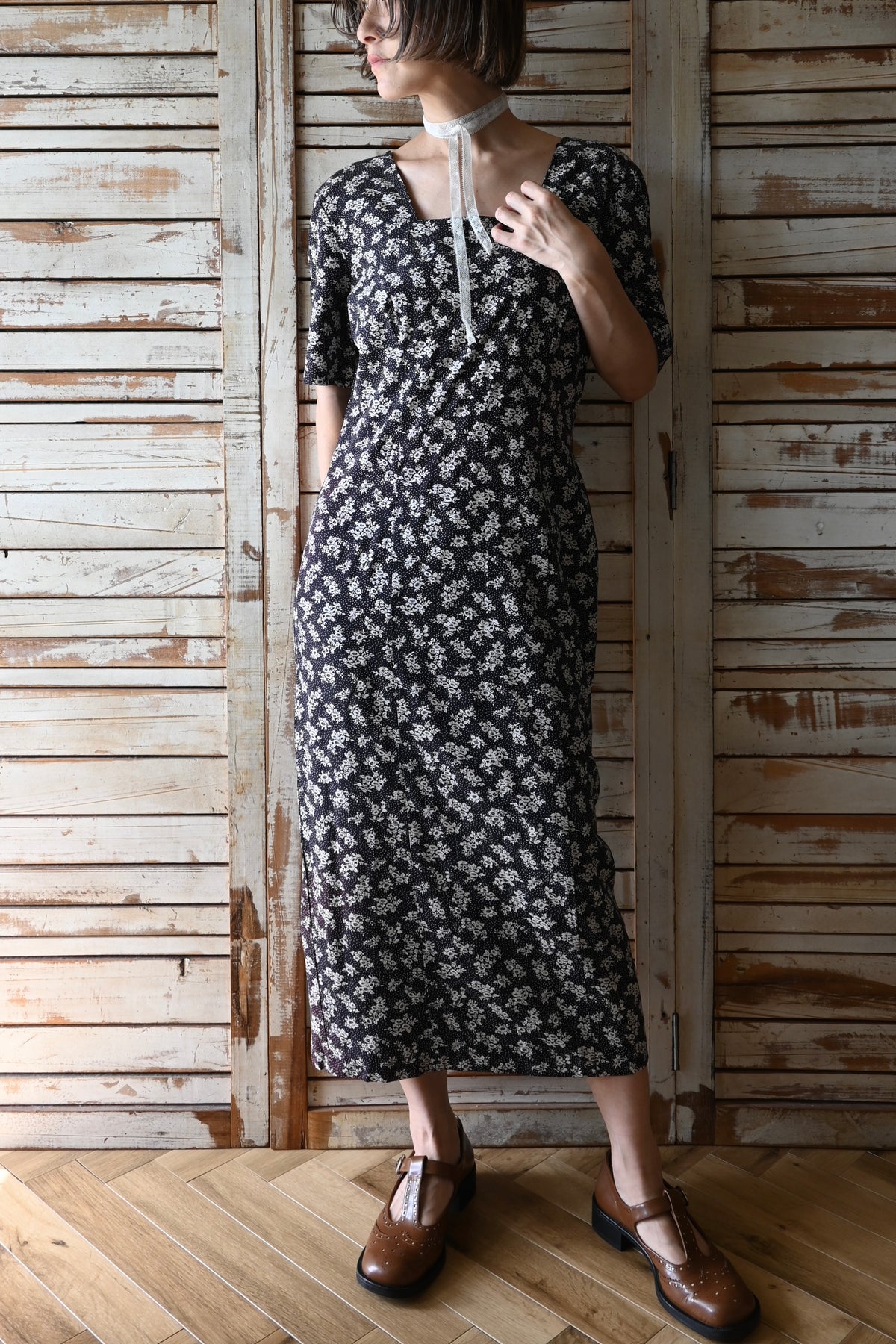80's Flower pattern dress/BLACK