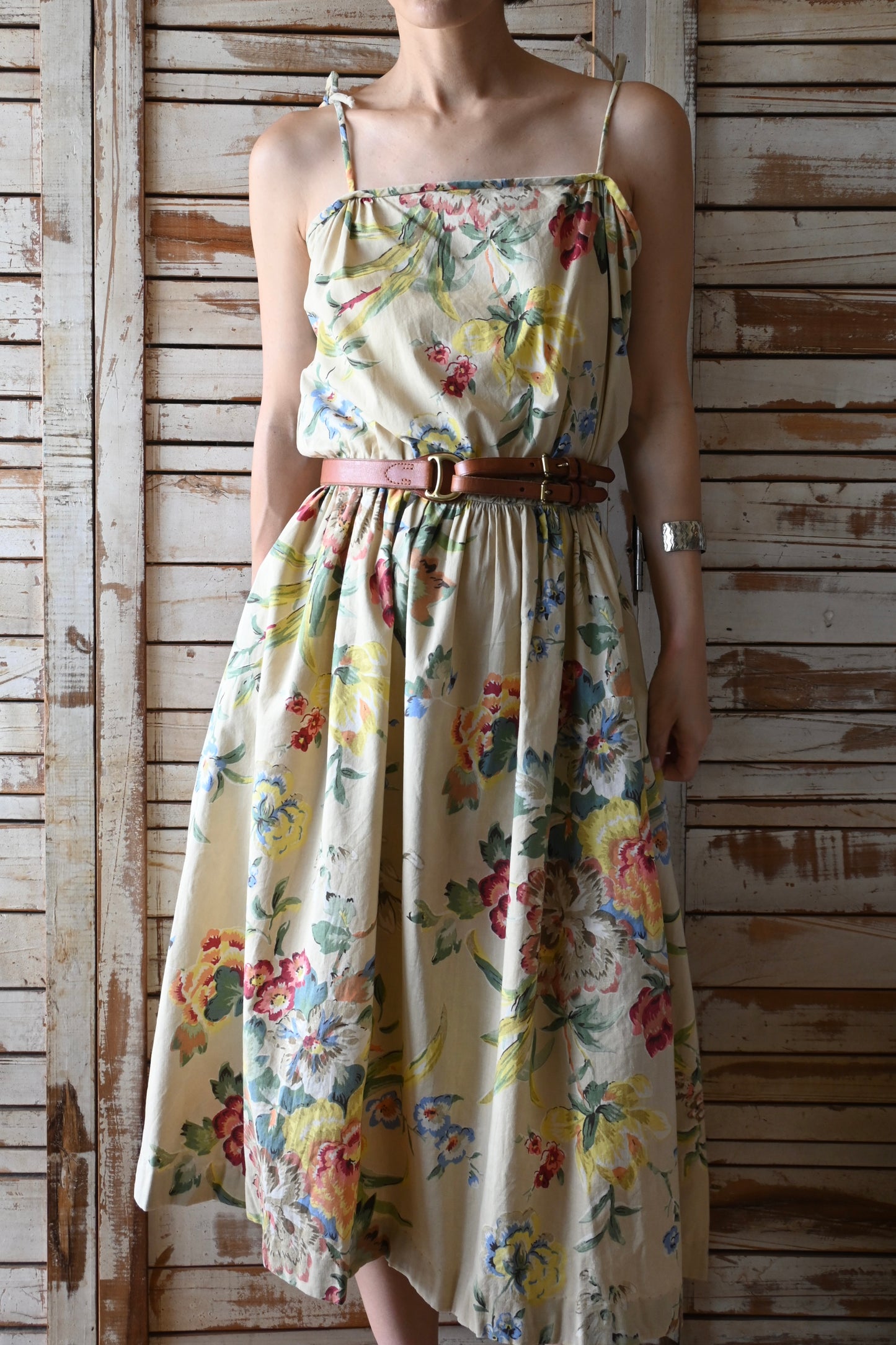 70's Flower pattern dress/BEIGE