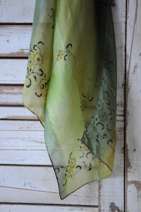 Flower silk long scarf/GREEN