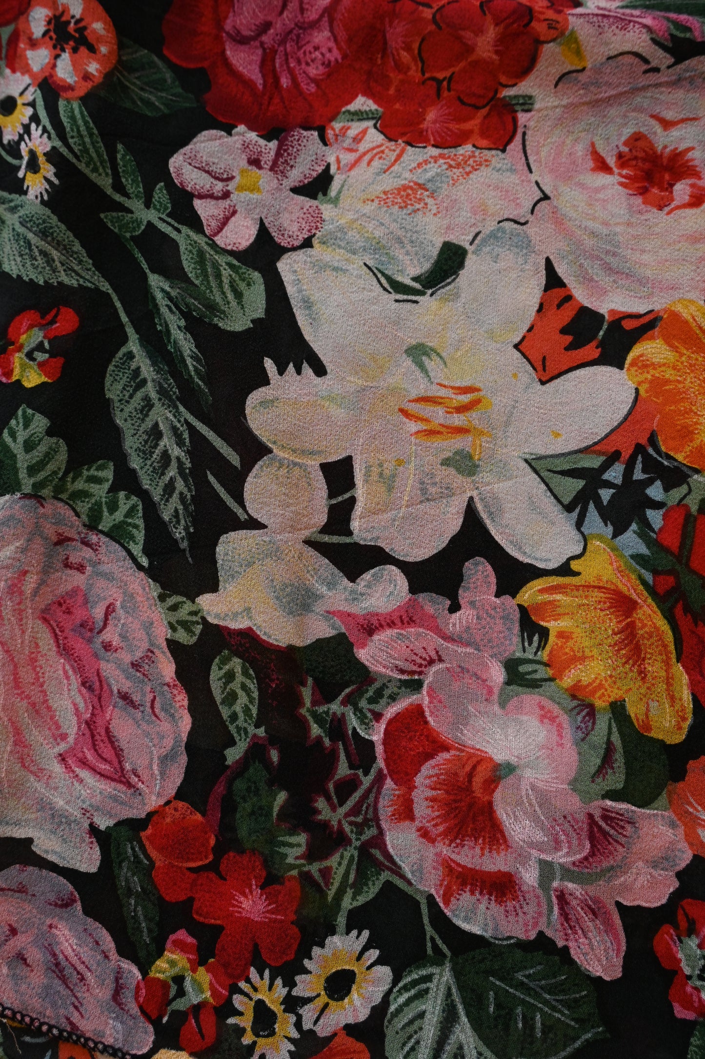 Vintage Flower Silk Scarf/BLACK