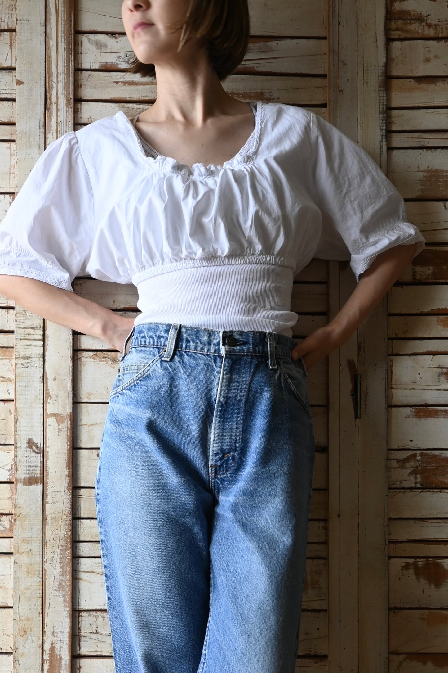 EURO Cropped cotton blouse/WHITE
