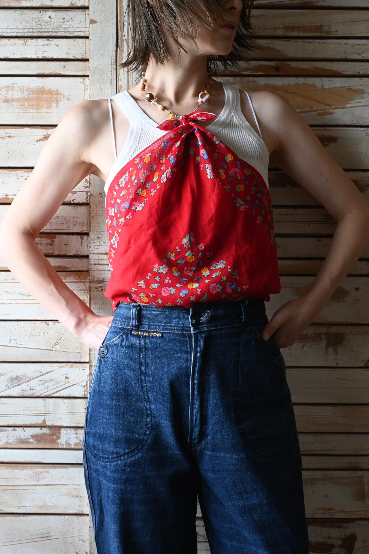 Vintage floral cotton scarf/RED
