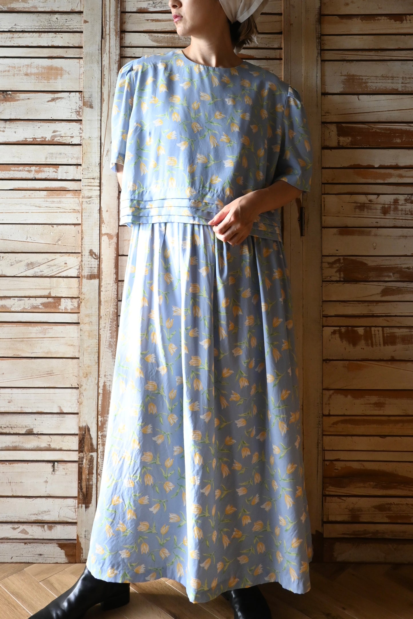 80's Flower long dress/SKY BLUE