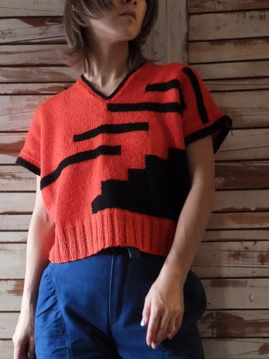 2Tone S/S hand knit top/RED