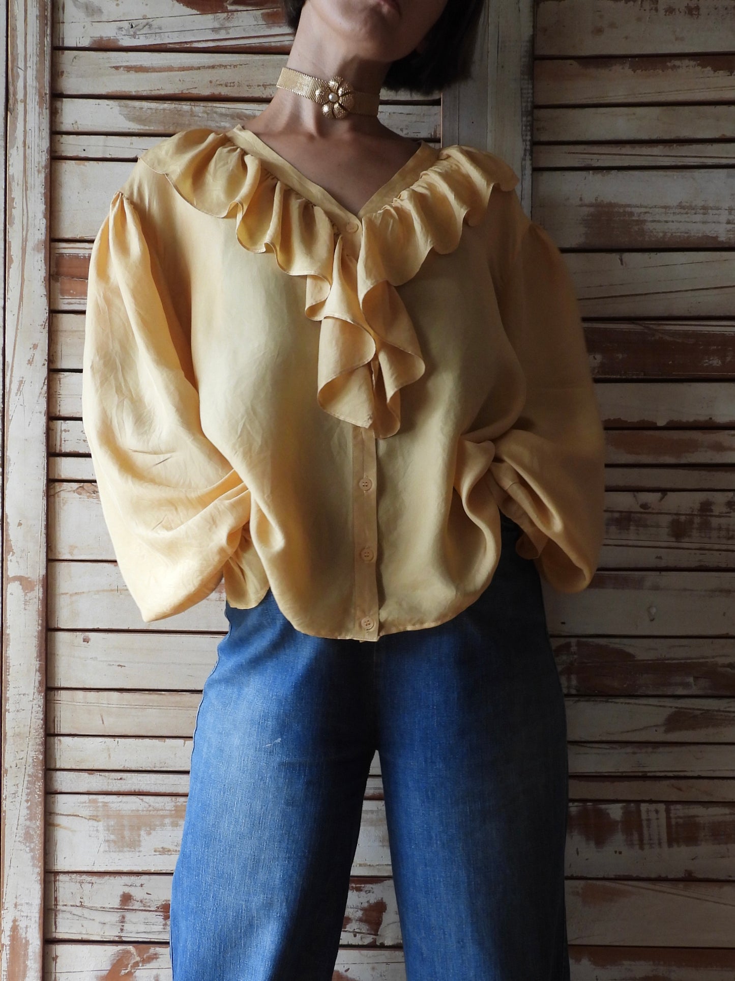 L/S Frill silk blouse/YELLOW BEIGE